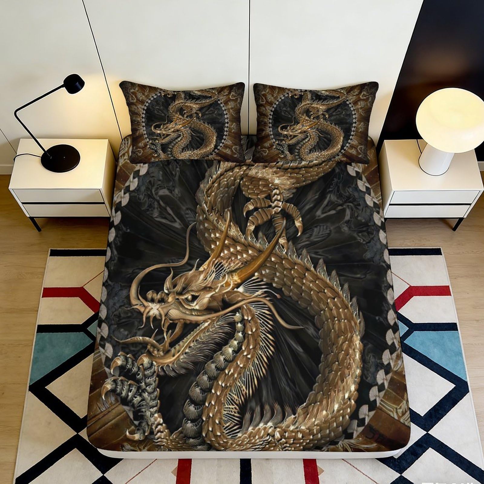 3D Printed Golden Dragon Pattern Fitted Sheet Microfiber Black Oriental Bed Cover for Bedroom Dorm Mattress Protection 160x200x25cm
