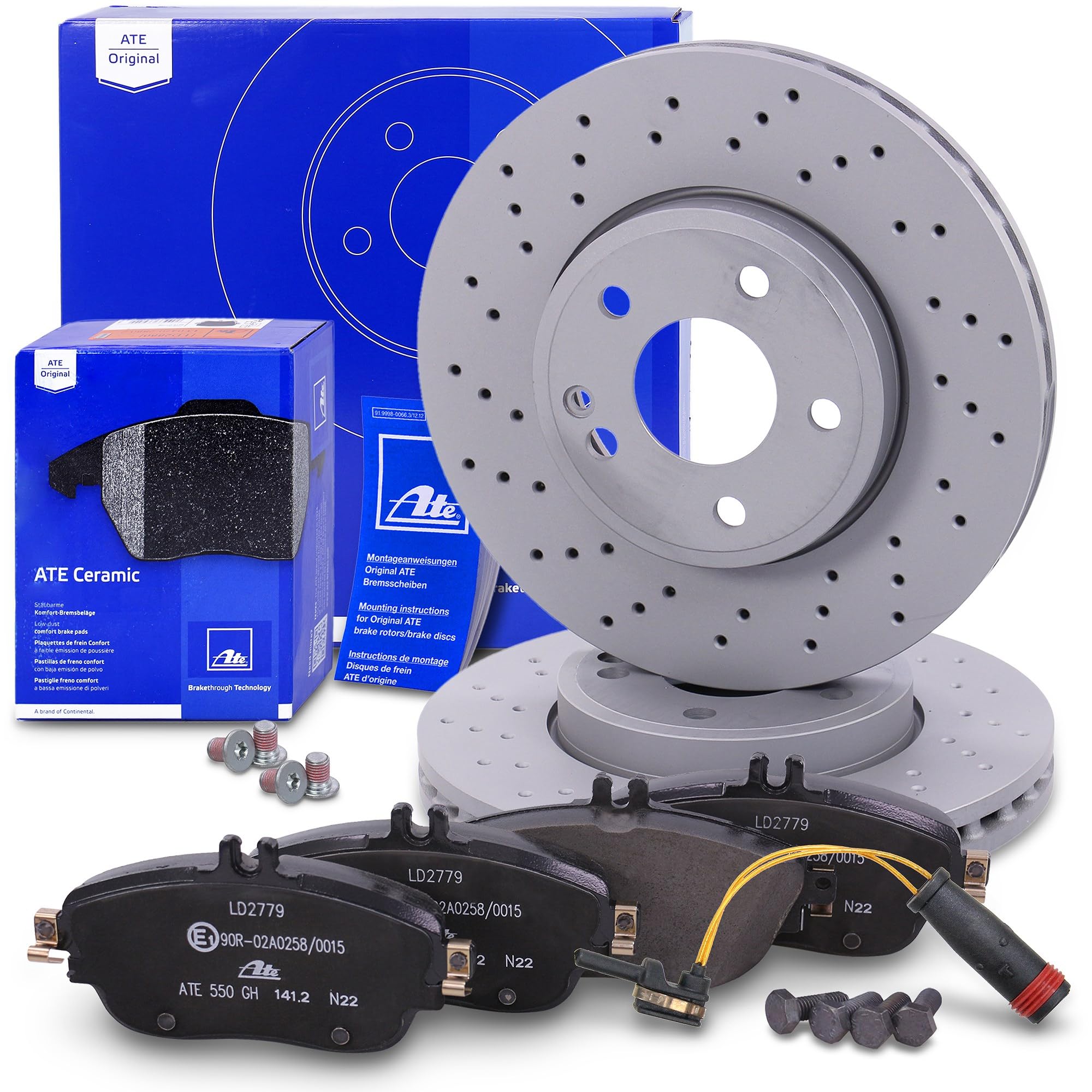 ATE Set freni asse anteriore + dischi freno anteriori ¯ 295mm ventilati perforati e pastiglie freno ceramiche anteriori + contatto di usura Compatibile con MERCEDES Classe A, Classe B, CLA, Classe GLA