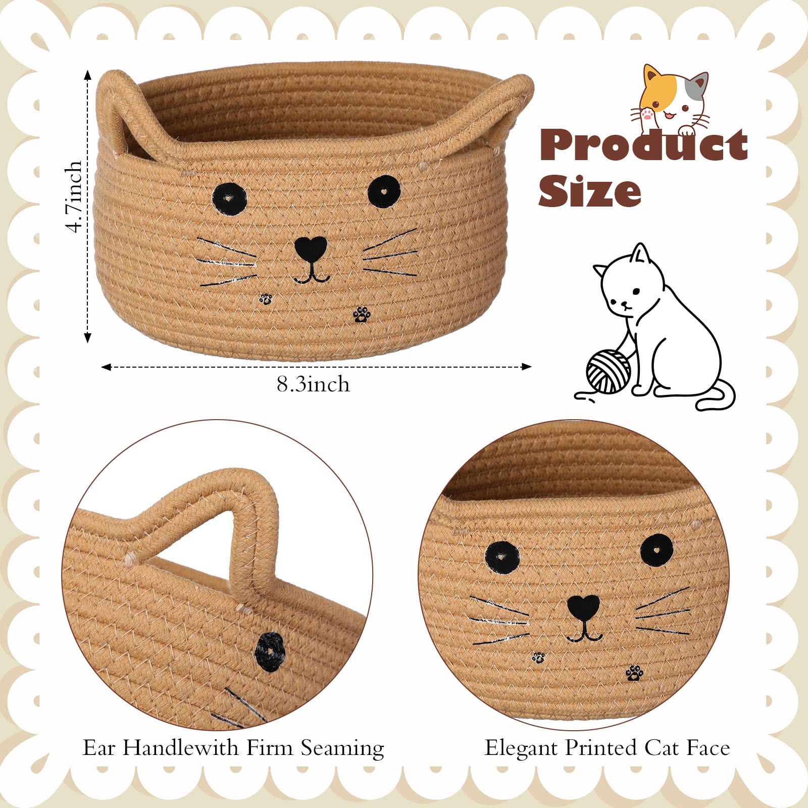 Zopeal - Panier de rangement tissé décoratif en forme de chat avec oreilles - Panier mignon en corde de coton pour animaux de compagnie, cadeau, jouets, chambre d'enfant - 21 x 12 cm - Kaki