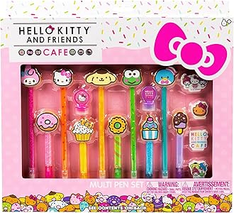 Hello Kitty & Friends Café Multi-Pen Set, 10 Pens for Kawaii Notebook, Stamps, Erasers & More Sanrio Stationery, Fun Office Supplies, Cute School Supplies, Merch
