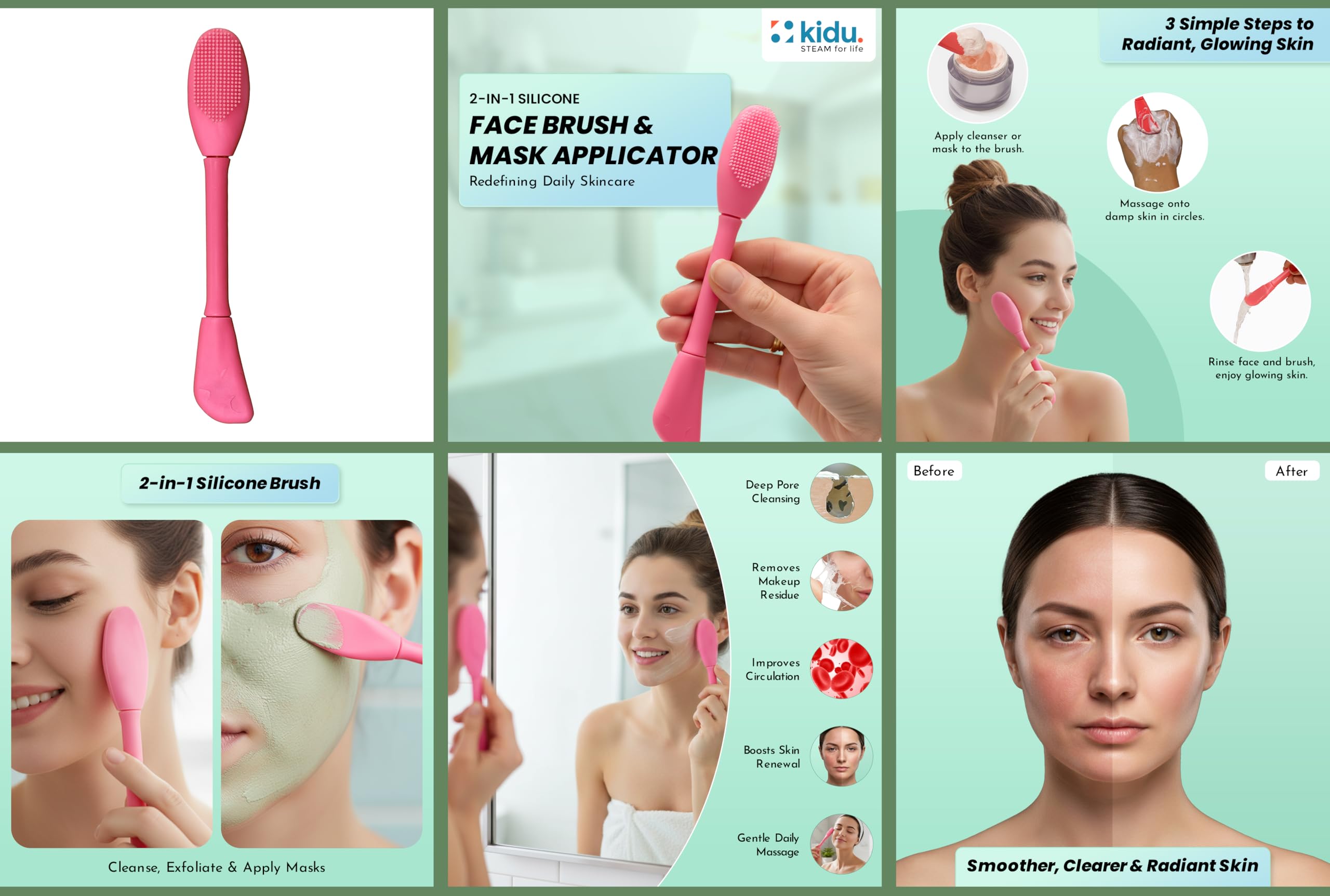 Kidu Dampf-Peeling-Gesichtsbürste, 3er-Set, 2-in-1 Silikon-Maskenbürste & Porenschrubber für Damen und Herren, entfernt Mitesser, abgestorbene Haut und Akne, ultraweiches Gesichtsmassagewerkzeug für