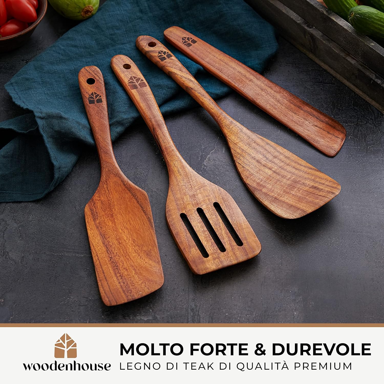 Set Utensili Cucina Legno, Spatole da Cucina, Girare, Spalmare e Raschiare Alimenti, Antigraffio, Fatte a Mano, 4 pezzi