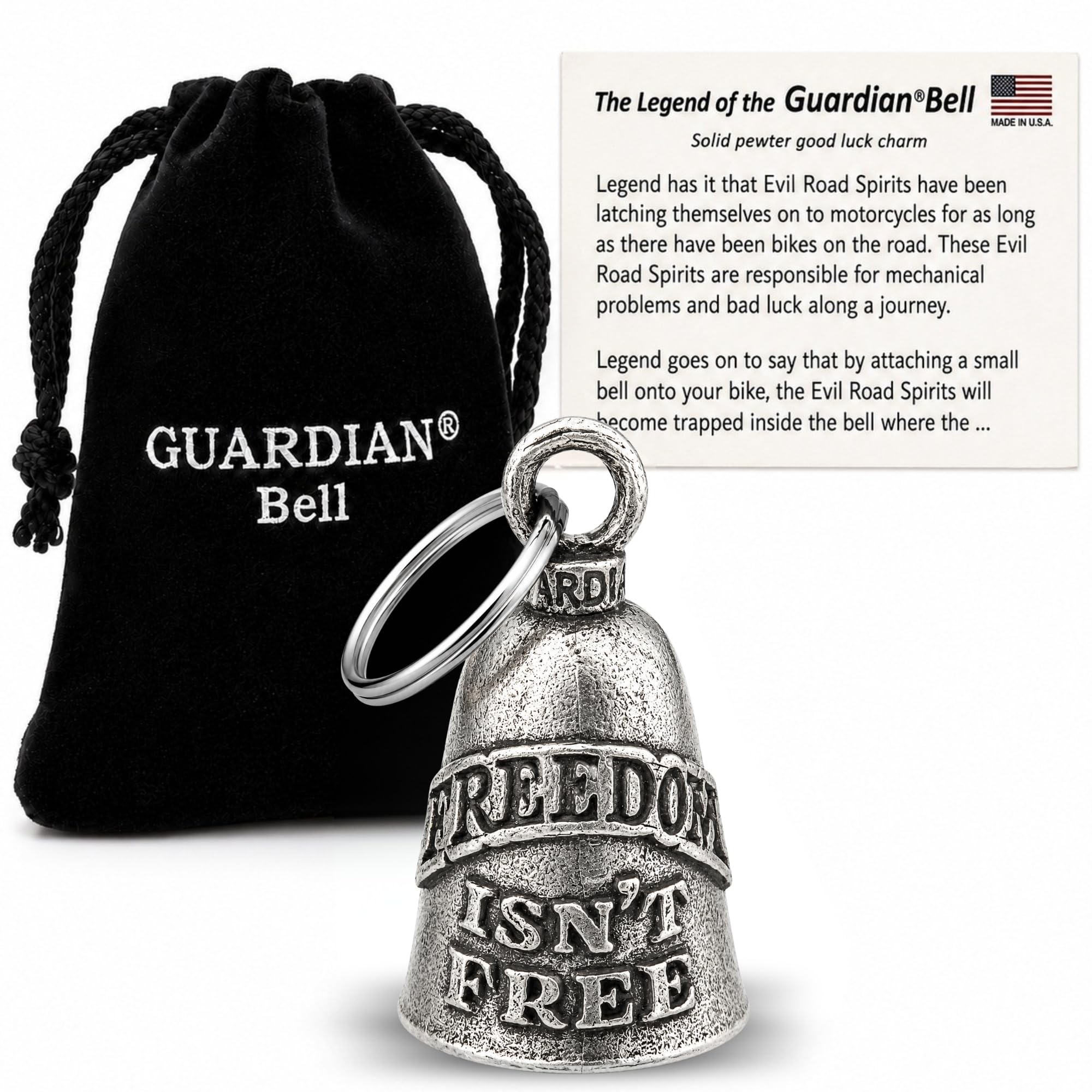 Guardian Bell Freedom Isn’t Free Good Luck Bell w/Keyring &amp; Black Velvet Gift Bag | Motorcycle Bell | Lead-Free Pewter | Good Luck Gift to Friends &amp; Family | Bike Bell | Made in USA