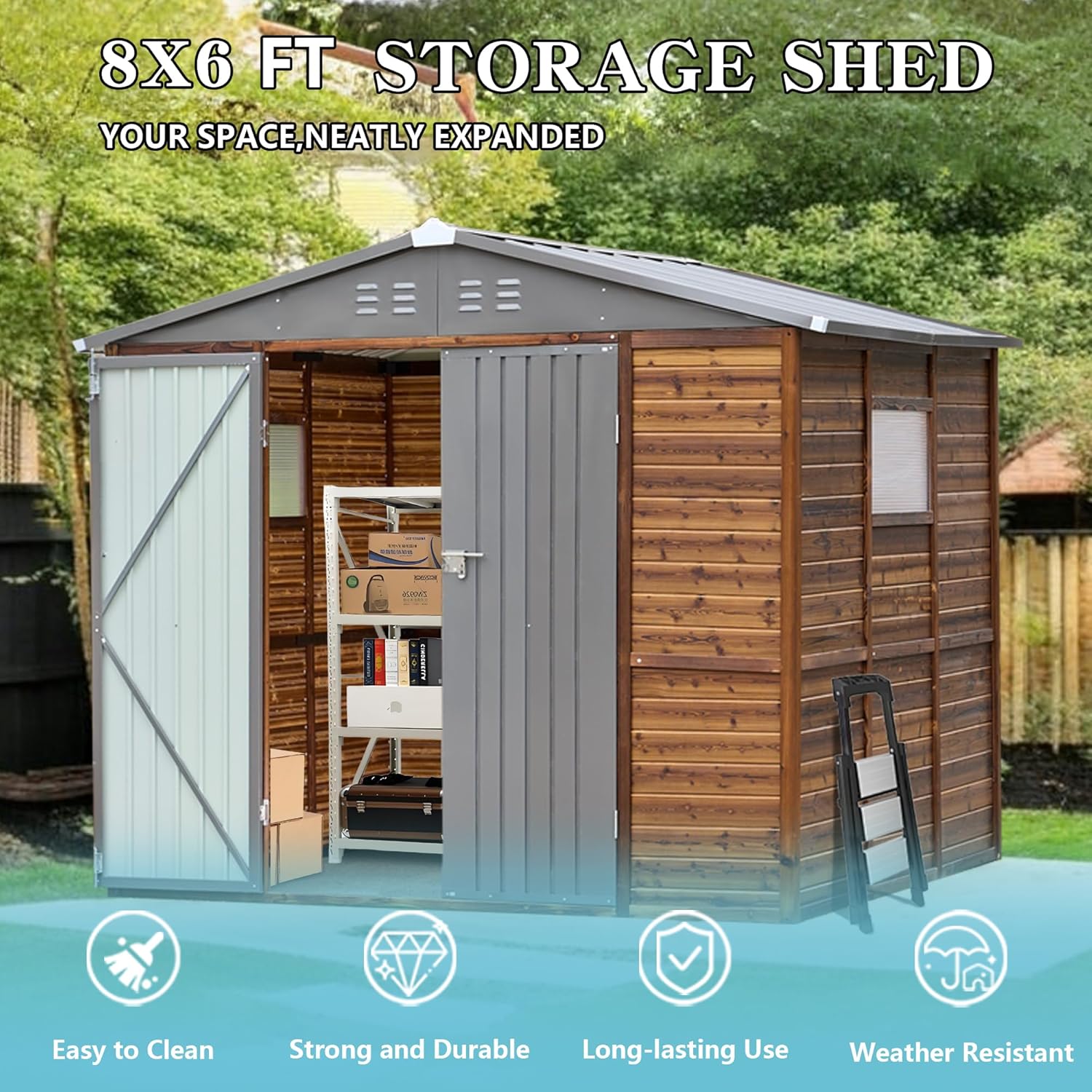 6x8 Ft Iron and Wood Combination Tool Shed with Weather-Resistant Iron Doors and Roof, Easy Assembly for Garden Storage and Outdoor Use