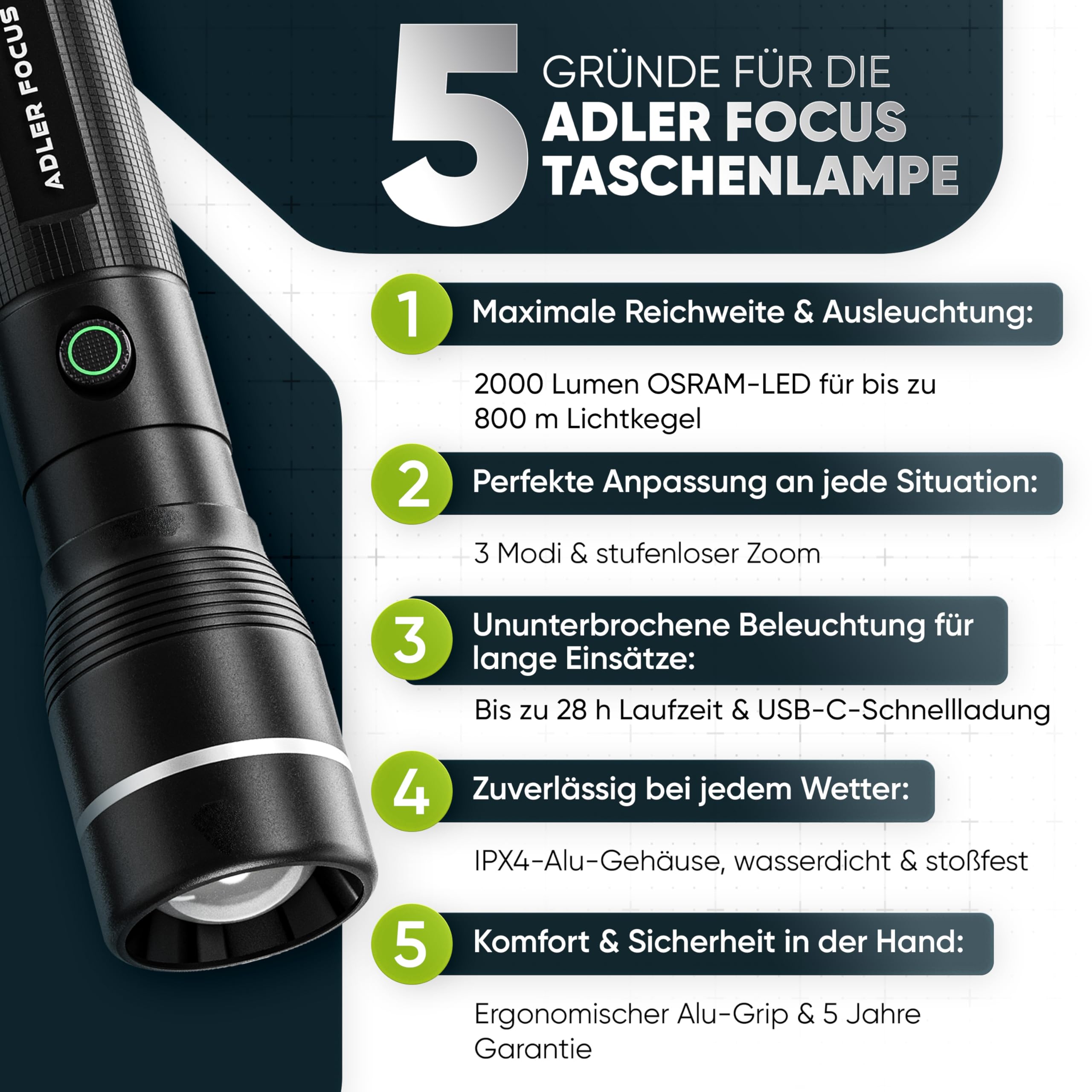 Lampe de poche | LED rechargeable 2000 lumens | Portée focale de 800 mètres | Durée d'éclairage de 28 heures | Pour camping, randonnée [Classe énergétique A]