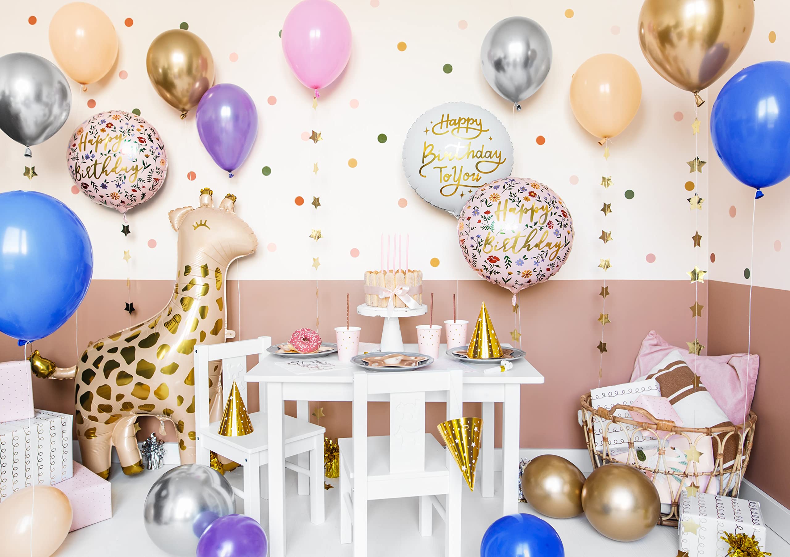 Folienballon Happy Birthday Blumen – Ballon Geburtstag Mädchen Frauen | Luftballon Geburtstag mit goldener Schrift – Dekoballon, Geschenk für Mädchen, Frauen, Mama & Freundin