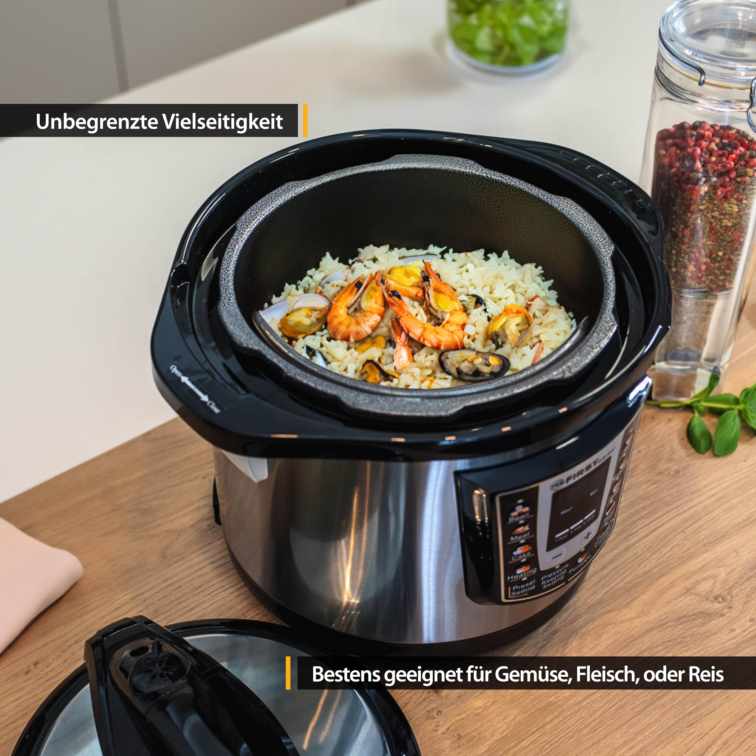TZS First Austria - Elektro Schnellkochtopf 6L mit 9 Auto-Programmen - Multikocher 1000W Multicooker als Reiskocher, Dampfgarer, Crock Pot etc. - Elektrischer Multivarka Druckkochtopf