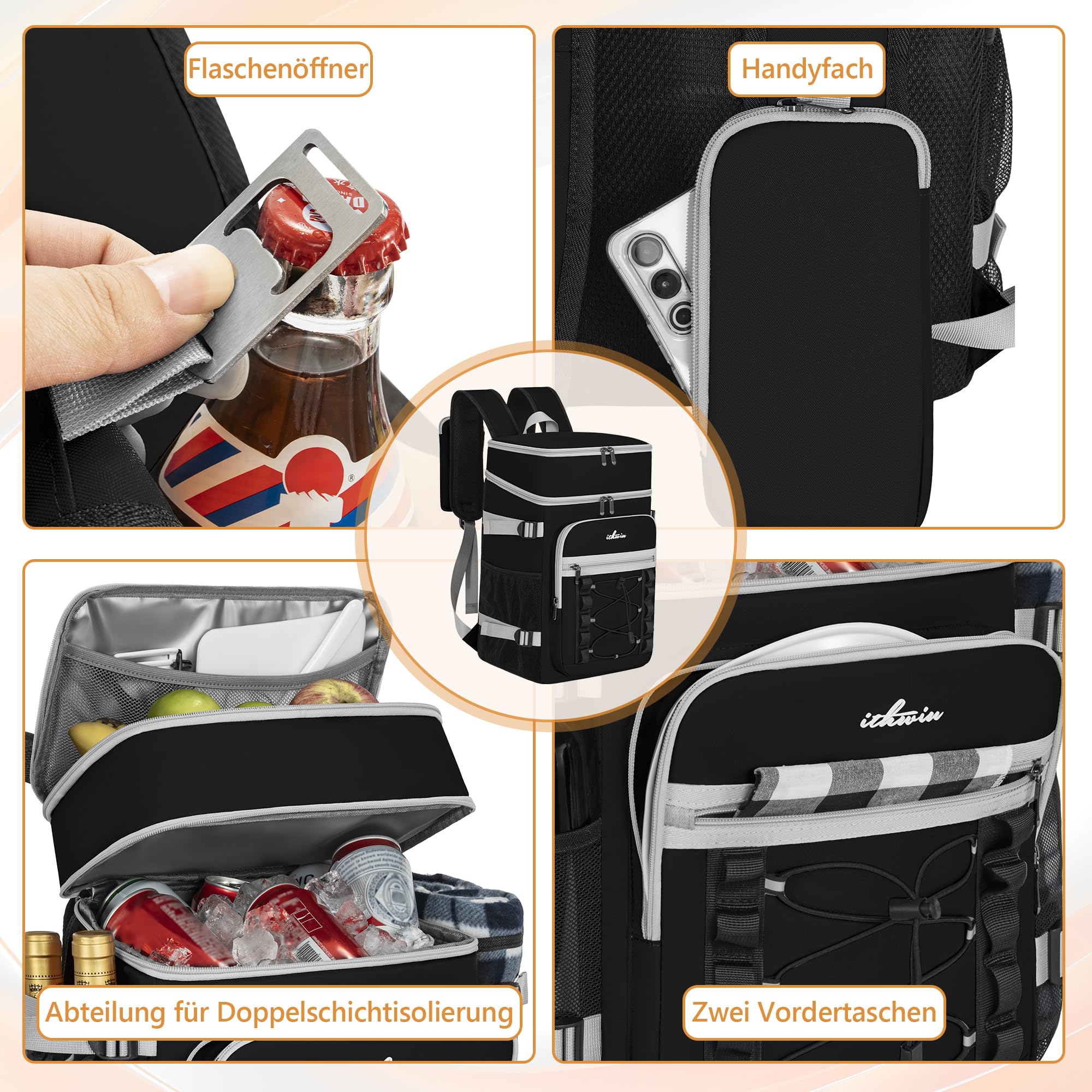 OUUTMEE Zaino refrigerante impermeabile a doppio strato per picnic, spiaggia, escursioni, nero