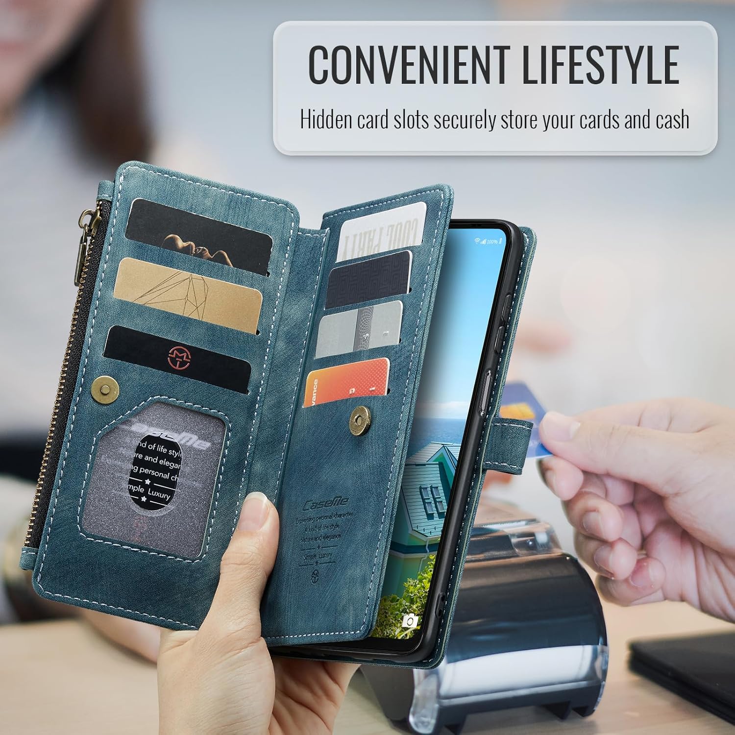 Compatible with Samsung Galaxy A16 5G Wallet Case with Card Holder Kickstand Magnetic Zipper Pocket Lanyard Strap Wristlet,Leather Flip Case Wallet for Galaxy A16 5G 6.7 Inch(Blue)