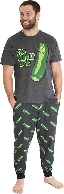 Rick and Morty Mens Pyjamas, 2 Piece PJs Set With Mens Lounge Pants & Short Sleeve Top, 100% Cotton Pajama Sets, Nightwear For Men Teenagers, (Grey/Green Pickle, XL)