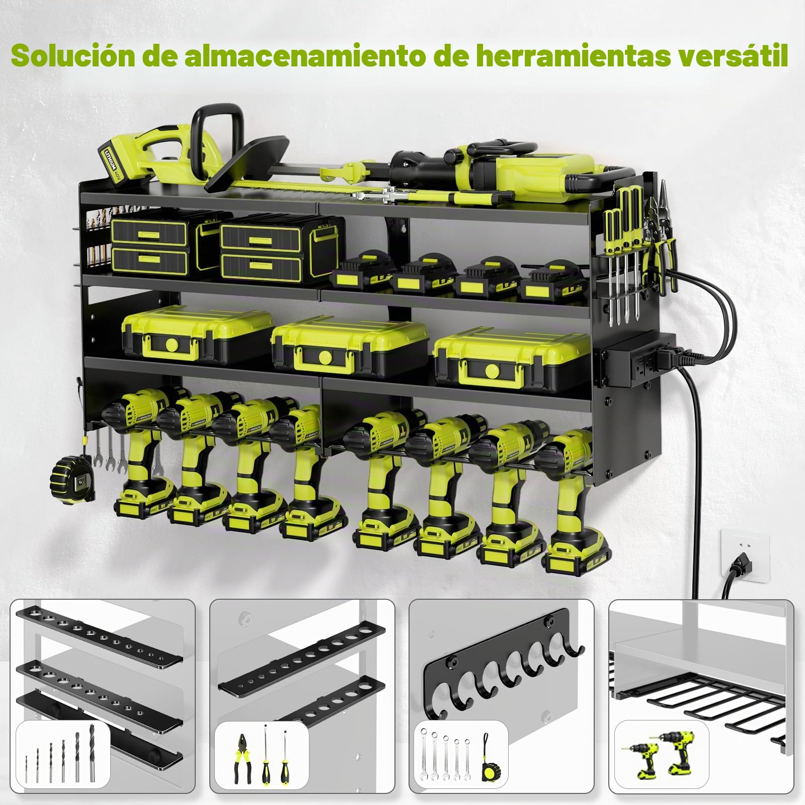 POKIPO Organizador de herramientas eléctricas grande con estación de carga, 4 capas de metal resistente, carga 600 libras con 8 soportes de taladro inalámbricos, carga de estante de batería con 4