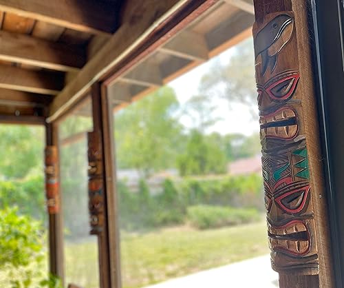 Miniatura 6 de Zeckos Juego de 3 máscaras Tiki dobles de madera marrón talladas a mano con tótem de animales oceánicos, esculturas de decoración de pared - 24