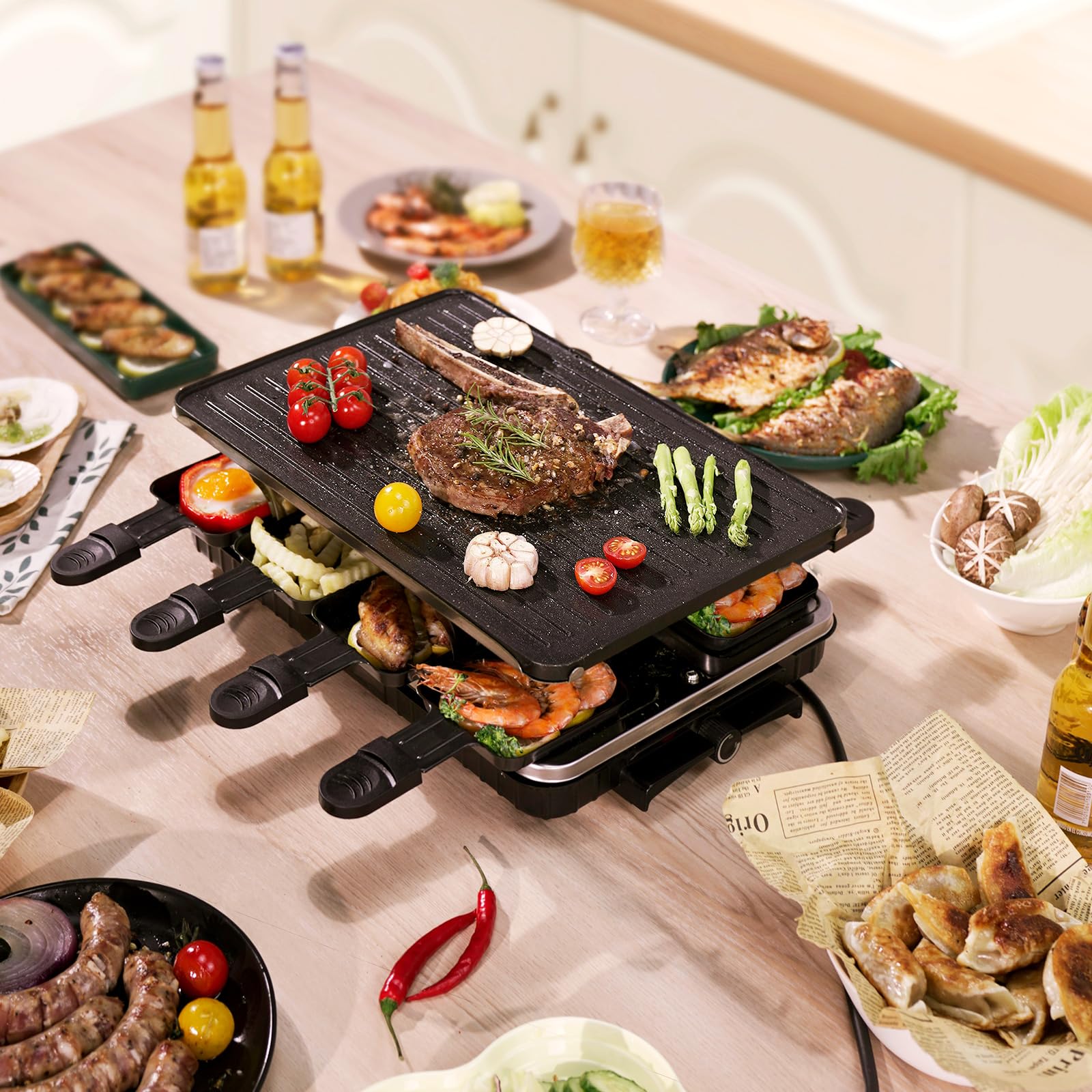 2-in-1 Raclette Grill 8 Personen Elektrisch Tischgrill Antihaftbeschichtet Wende-Grillplatte Elektrogrill Rauchfreier Raclette mit 8 Mini Raclette Pfännchen & 8 Schaber Spülmaschinenfest 1300W