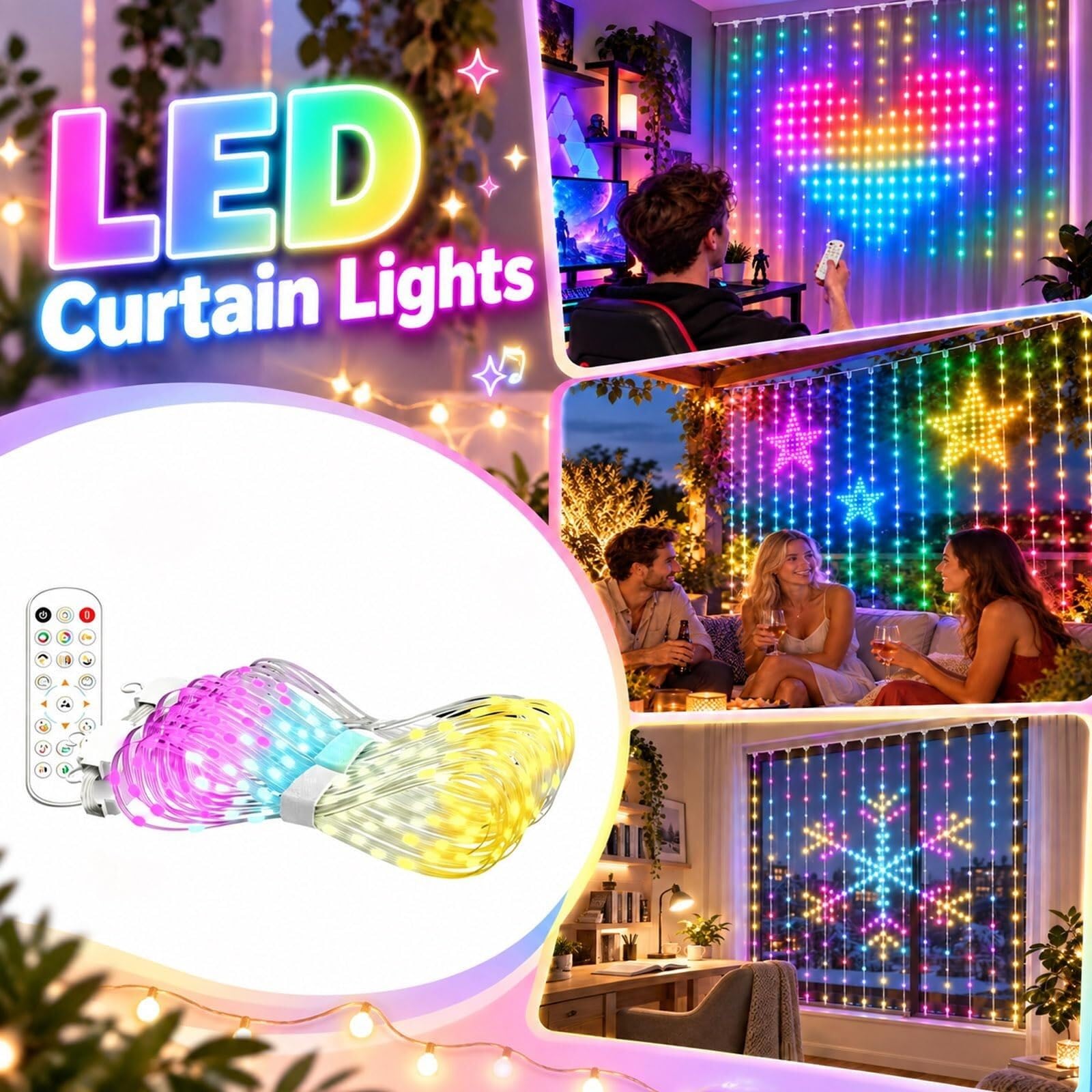 Luci animate per albero di Natale, luci LED per tende, timer e memoria, RGB per esterni, da parete, finestra, con telecomando, alimentazione USB, impermeabile IP65, 2x2m(1 X 1 M)