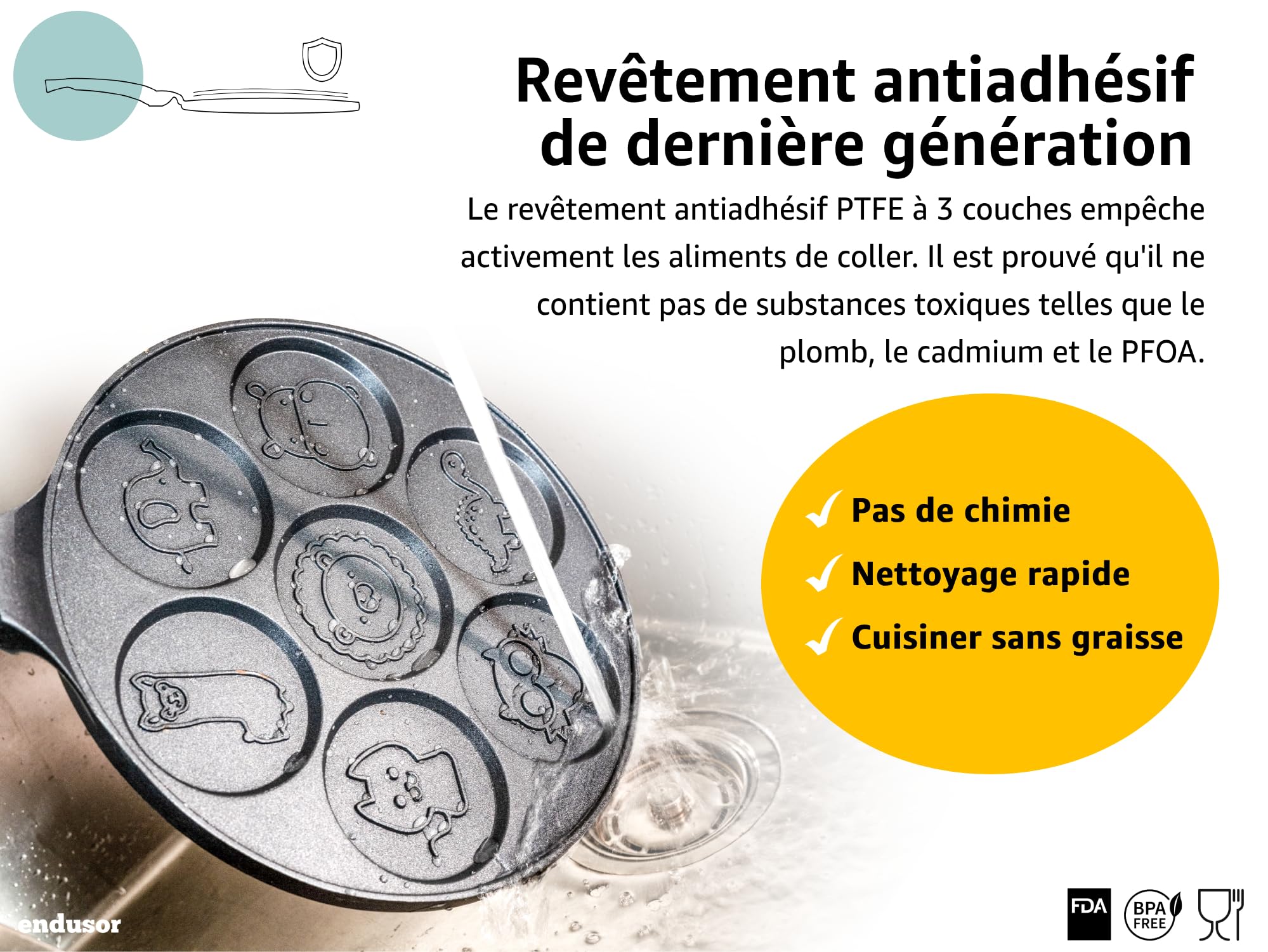 endusor Poele Pancakes animaux pour enfants - Poele pancakes avec un diamètre de 26cm et un revêtement anti-adhésif | Induction Gaz Céramique Électrique Halogène | 7 trous pour Pancake Blinis Crêpe