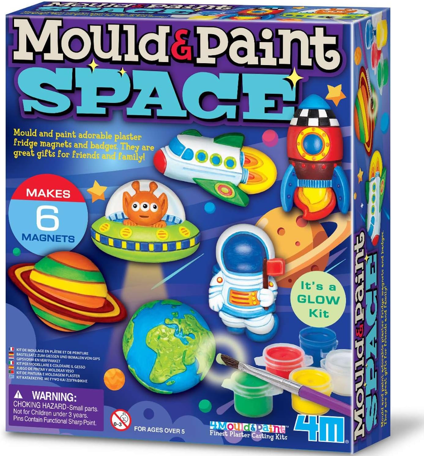 Mould & Paint Glow Space Kit – DIY Plaster Space-Themed Magnets & Badges for Kids Ages 5+ | Cast & Paint Planets, Stars & UFOs with Glow-In-The-Dark Effects | STEM Craft Kit | 403546