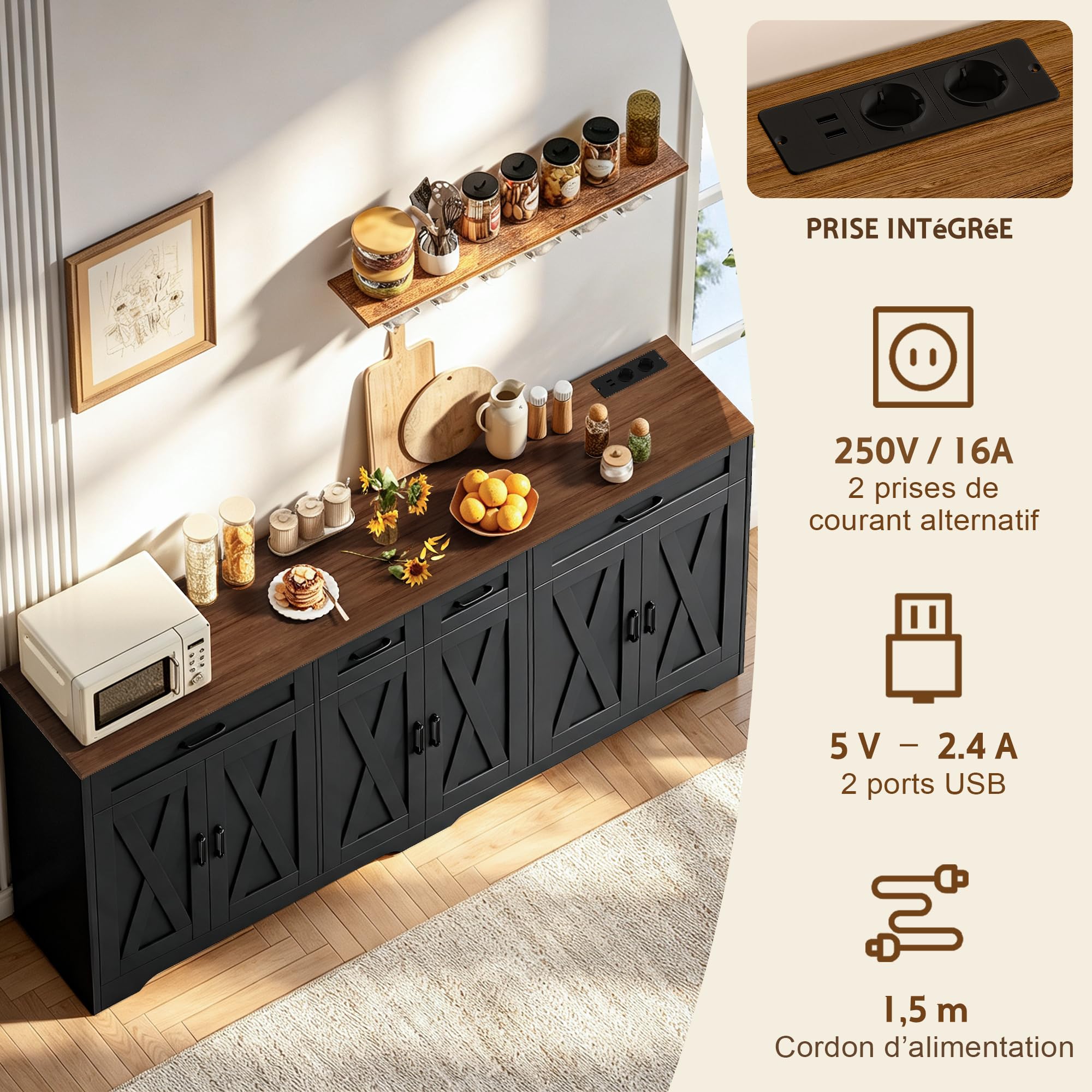 Buffet Cuisine 180 cm, Buffet Salle a Manger avec Multiprises,Noir