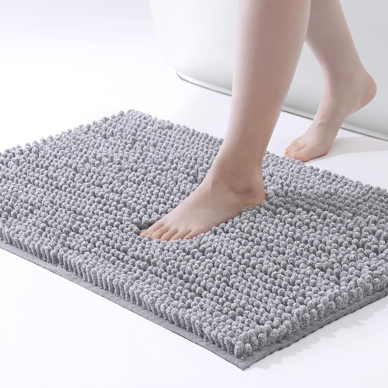FRESHMINT Chenille Bathroom Rugs Mat 32"x20", Non-Slip Bath Mat for Bathroom Floor & Bathtub, Washable Shower Shag Bath Rugs, Soft Fluffy Thick Water Absorbent Microfiber Shower Mat, Gray & White