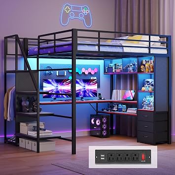 ADORNEVE Gaming Loft Bed Full Size with Desk & Stairs, Carbon Fiber Black
