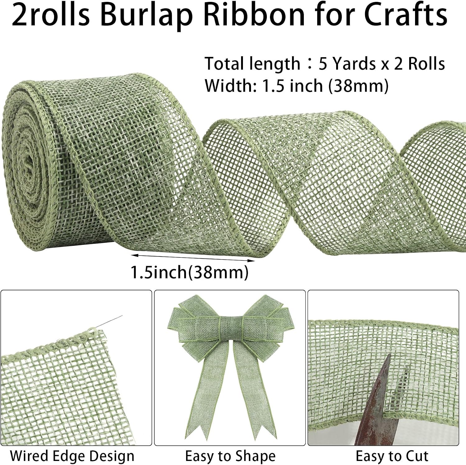 Wired Burlap Ribbon for Crafts, Sage Green Jute Rustic Line Ribbons for Outdoor Home Tree Garland Wreath Wedding Mason Jar Decoration Gift Wrapping 1.5 inch 10 Yards (2 Rolls)