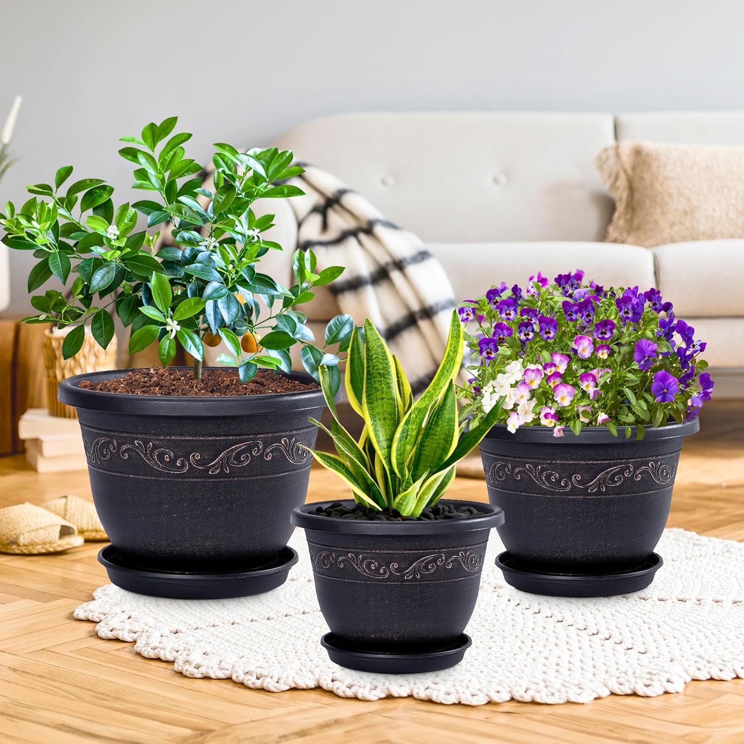 QCQHDU 12 inch Retro Plant Pots, 3 Pack Plastic Planters for Indoor & Outdoor Plants Flower Pot with Drainage Hole and Saucer