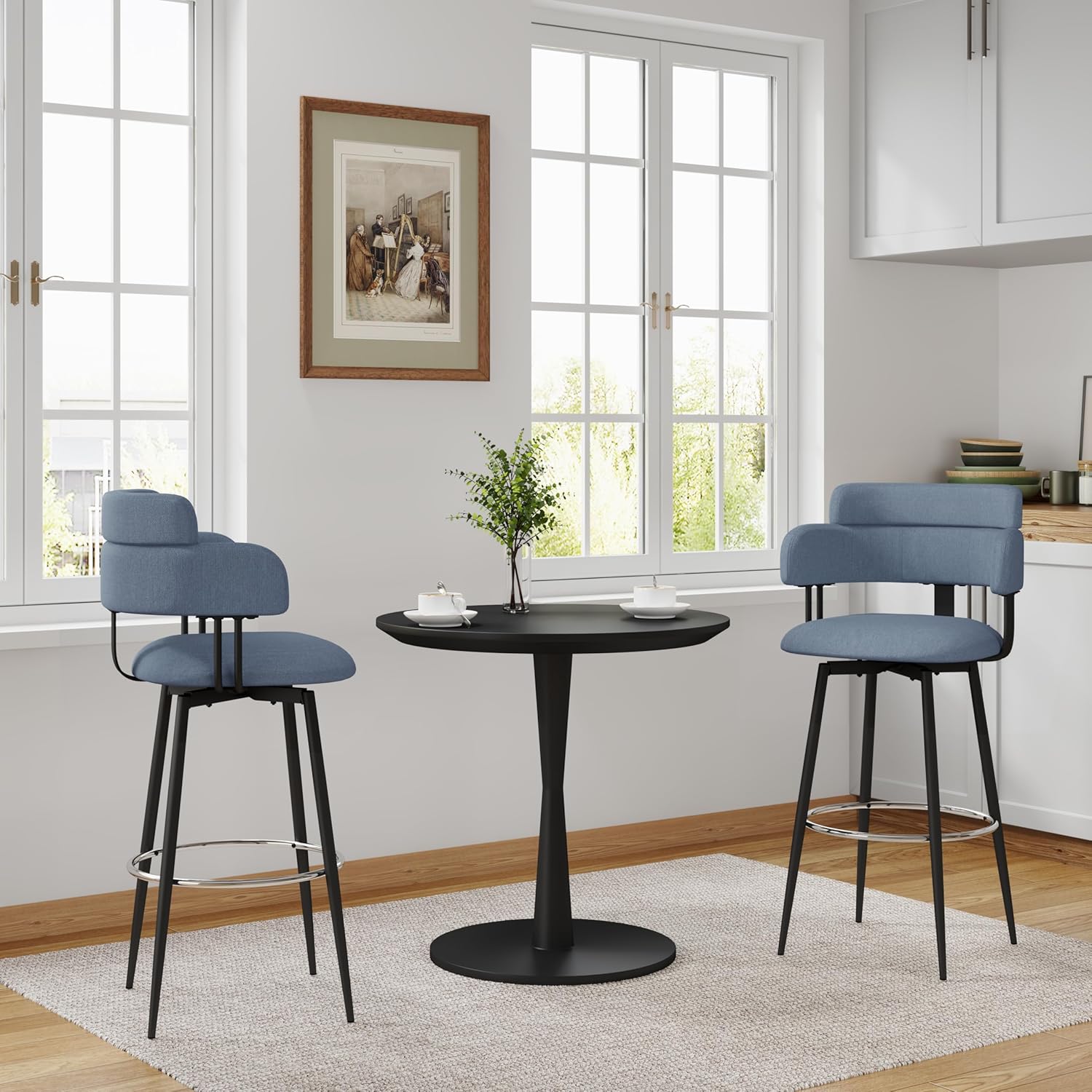 Swivel Bar Stools Set of 2, Counter Height Bar Stools with Ergonomic Full Back, Upholstered Linen Fabric Barstools with Chrome Metal Footrest for Kitchen Island, Dining Room，Blue
