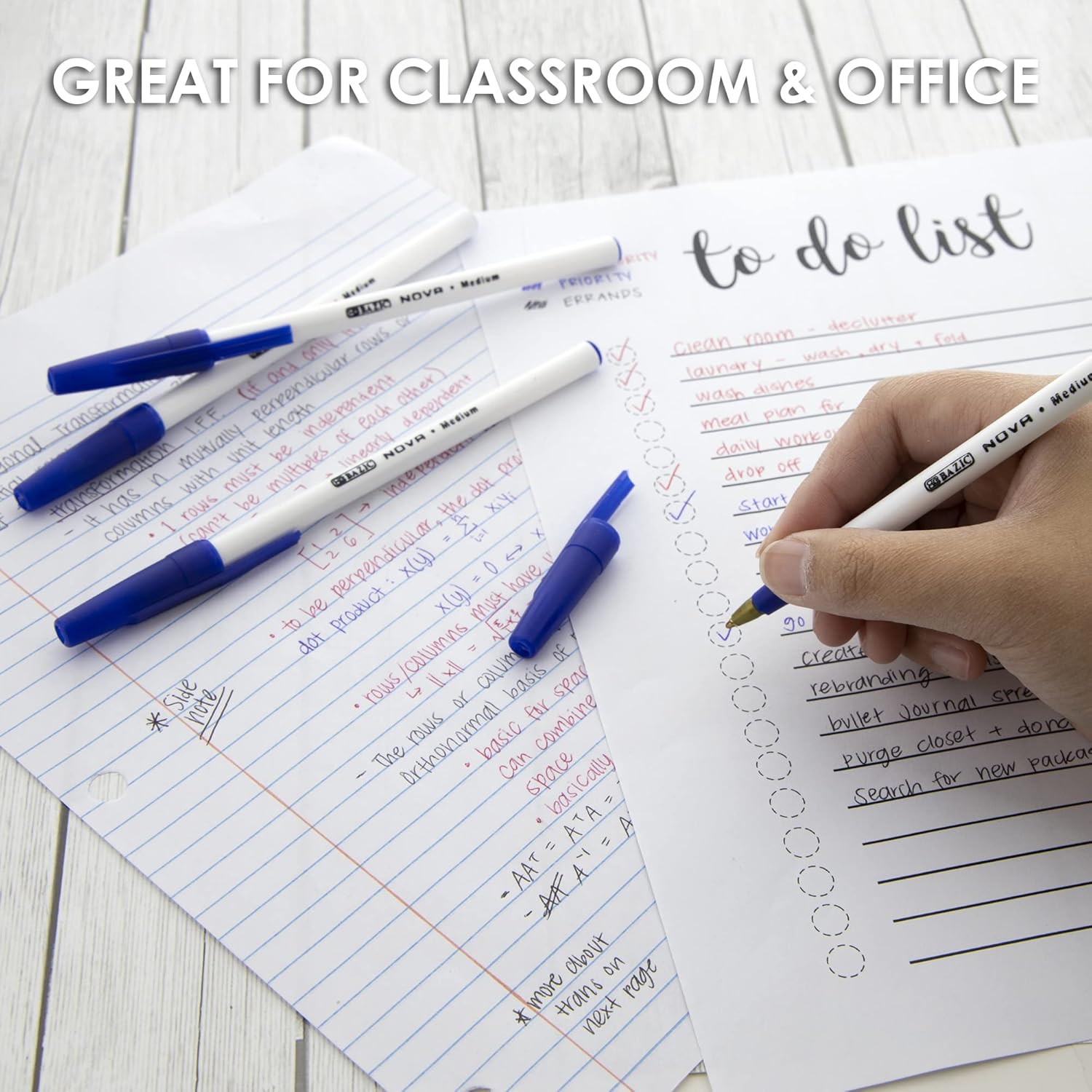 BAZIC Products Ballpoint Pen Nova Blue Color Stick Pens, 1.0 mm Bold Point Smooth Writing, for Office School Teacher (12/Pack), 12-Pack