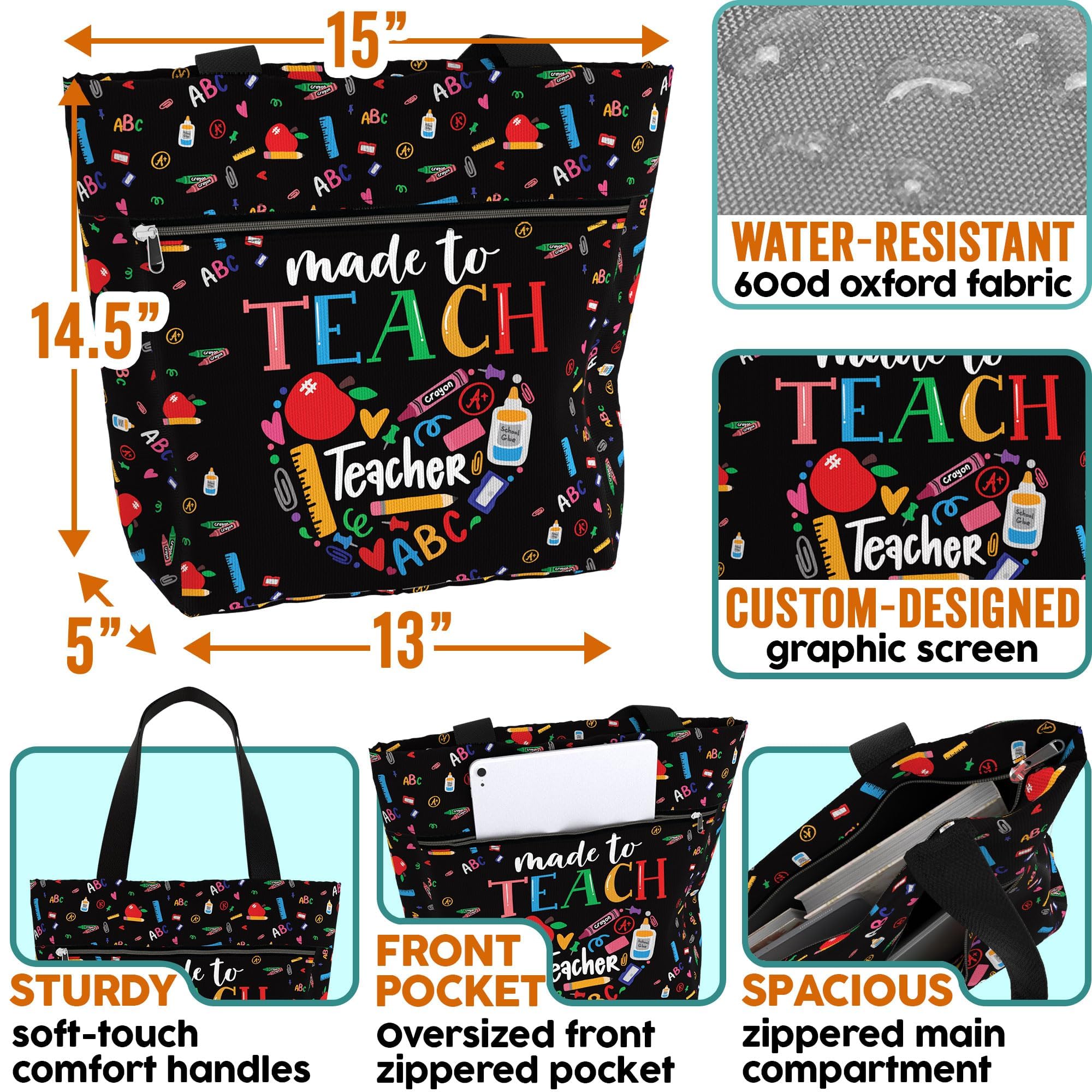 84hoods Large Tote Bag for Women Teacher. Aesthetic Shoulder Bag Gift for Teacher. Waterproof Work Grocery Bag 15 inch with Pockets and Zipper. Made to Teach.