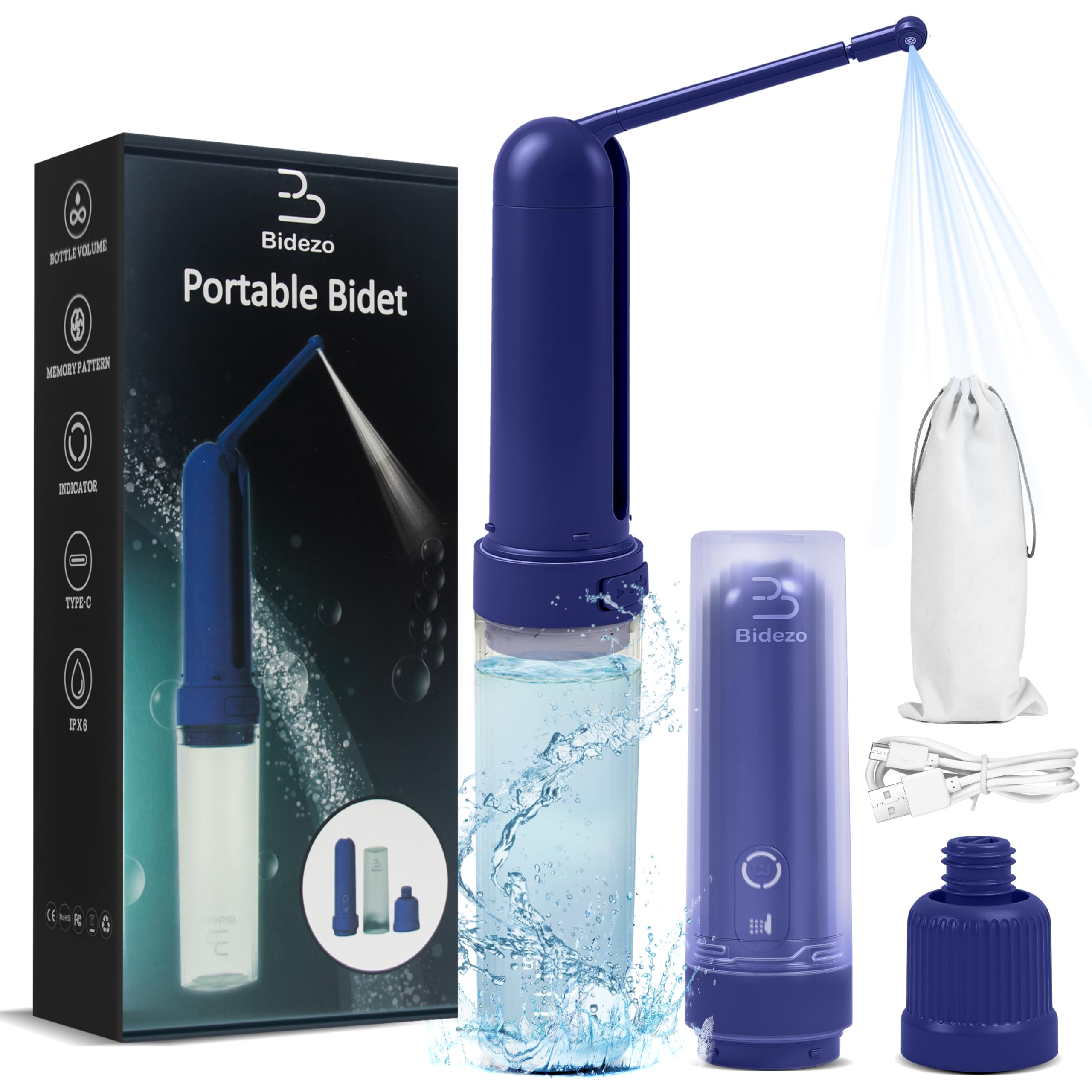 BIDEZO Portable Bidet for Travel with 180ml Bottle and Universal Adapter, 800mAh Battery for Upto 150 Uses on Full Charge with USB-C Cable, IPX7