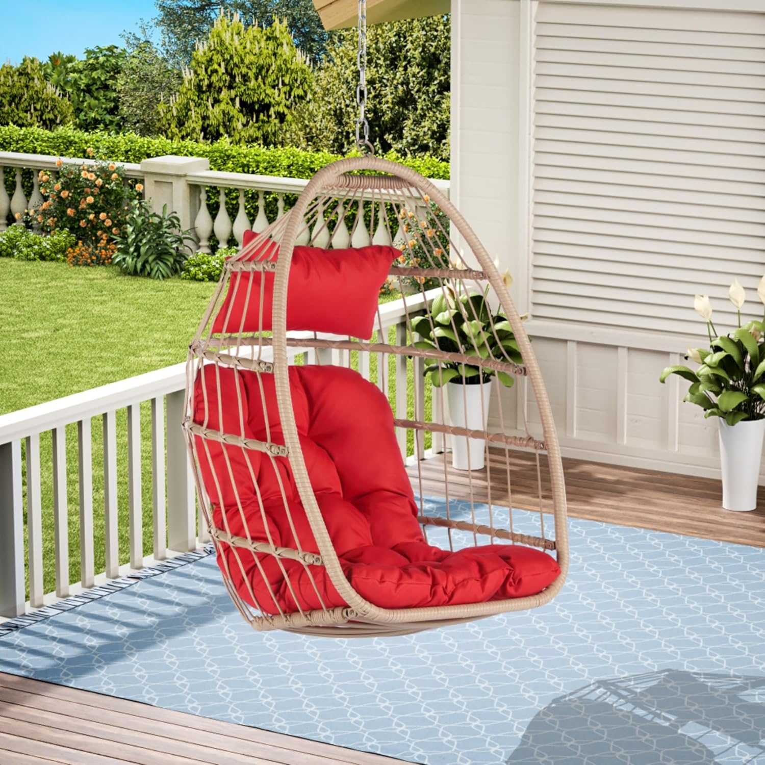 Handwoven All-Weather Rattan Egg Swing Chair – Galvanized Steel Frame & Waterproof Cushion – Modular Outdoor Furniture for Patio, Poolside, Garden, Balcony (Red + Rattan)