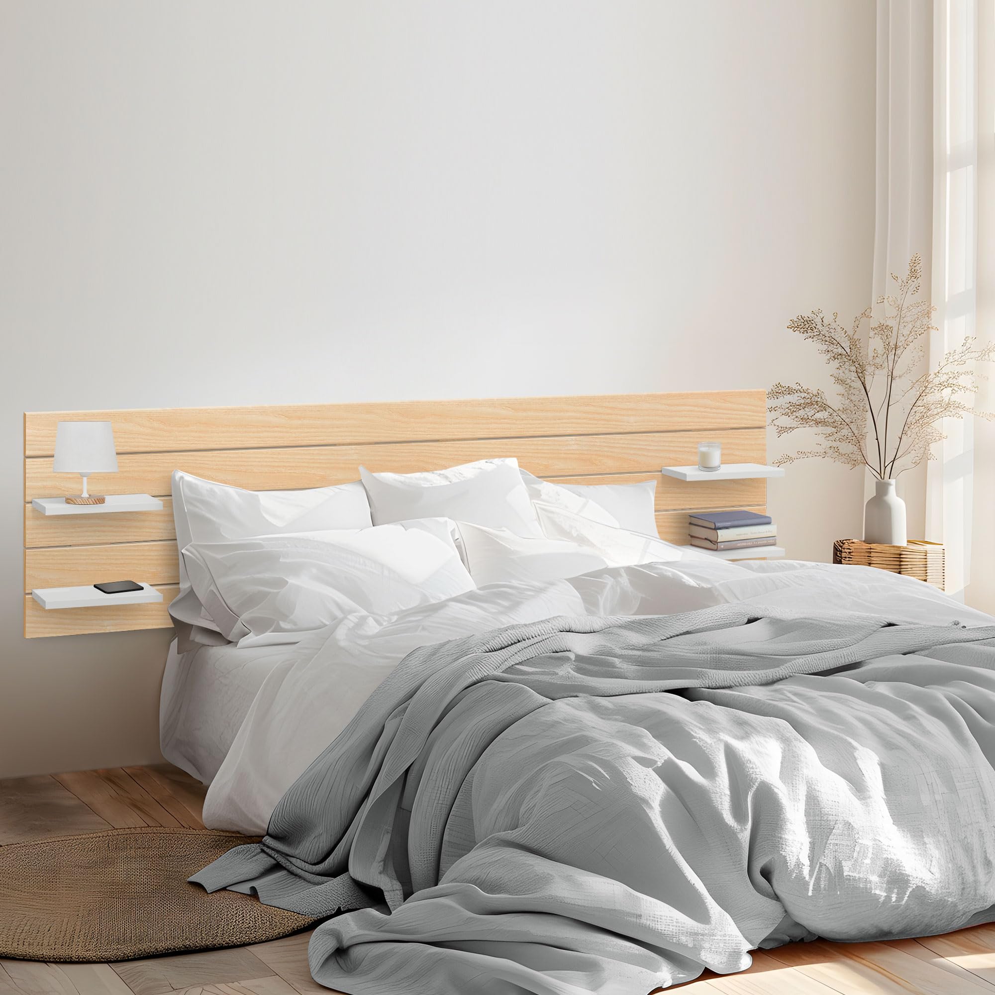DHOME Cabecero con Estantes de Madera reciclada DM Colgante Pared Estilo Palet Cama Vintage Nordico Herrajes incluidos (Palet Horizontal, Madera Natural/Blanco, 210cm)