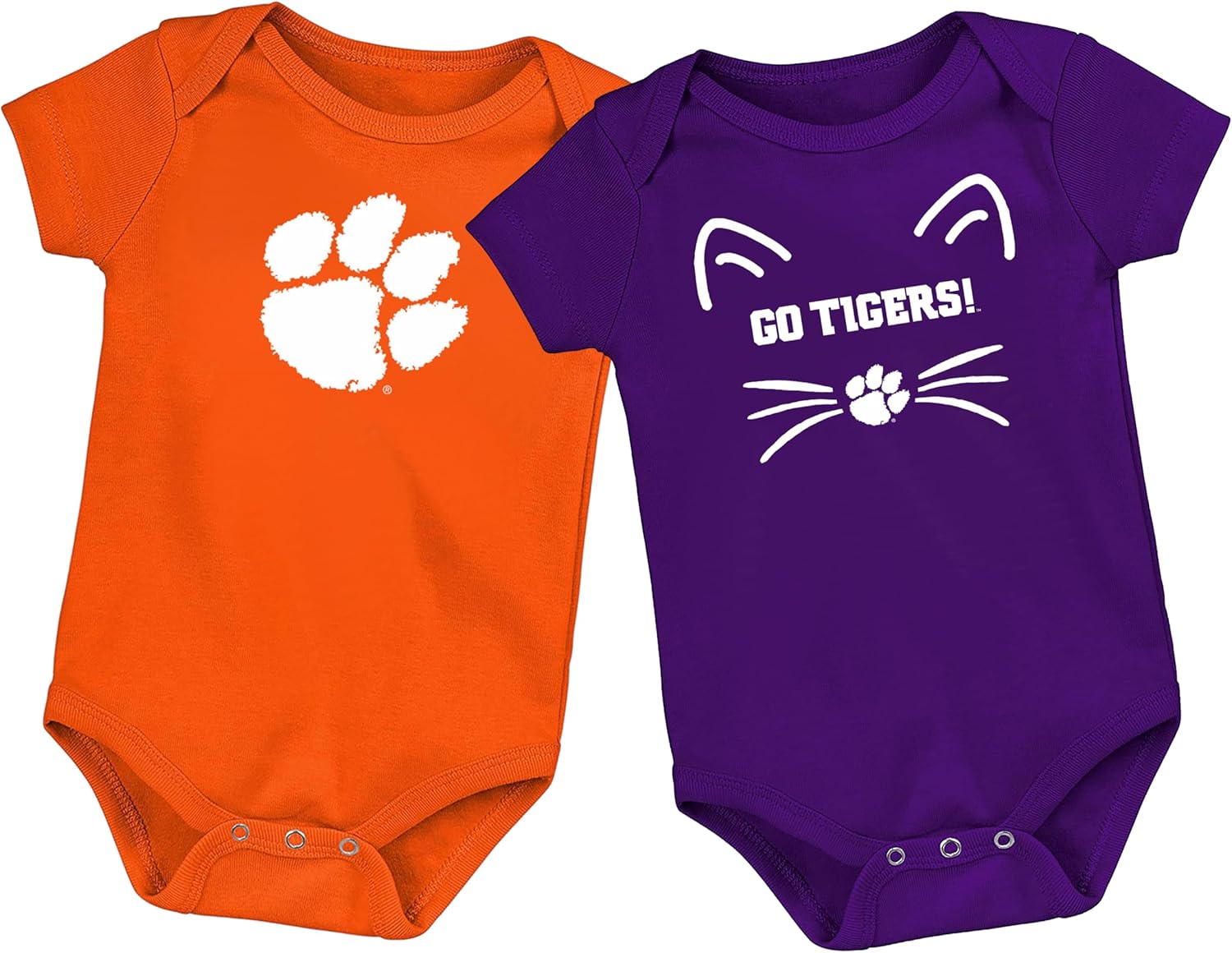 Clemson Tigers Officially Licensed Baby LOGO Orange Bodysuit and Go Tigers! FANimals Purple Bodysuit 2-Pack