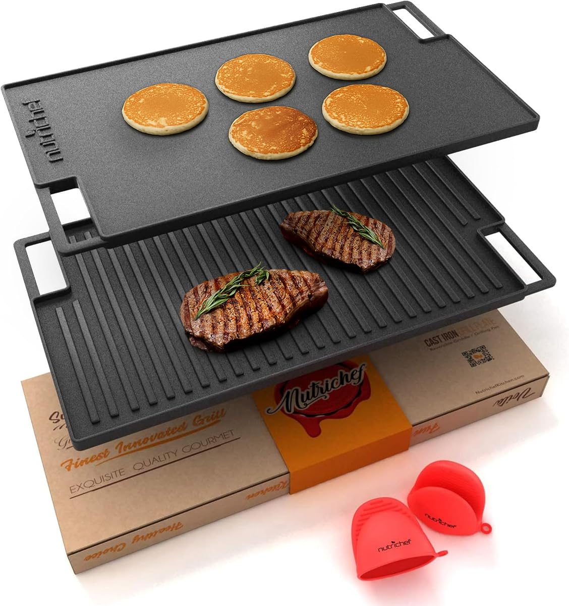 Cast Iron Reversible Griddle 18x10 Inch – Pre-Seasoned Flat Top & Ridged Grill Side, Stove Top Griddle for Gas Grill, Outdoor & Indoor Cooking