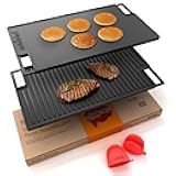Cast Iron Reversible Grill Plate – 18 Inch Flat & Ridged Skillet Griddle Pan, Fits Two Burners, for Gas, Electric, Ceramic Stovetops, with Silicone Oven Mitt