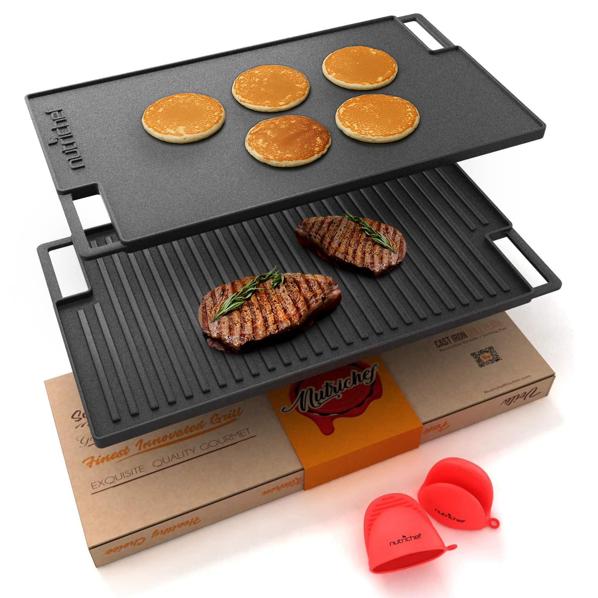 NutriChef Cast Iron Reversible Grill Plate – 18 Inch Flat & Ridged Skillet Griddle Pan, Fits Two Burners, for Gas, Electric, Ceramic Stovetops, with Silicone Oven Mitt