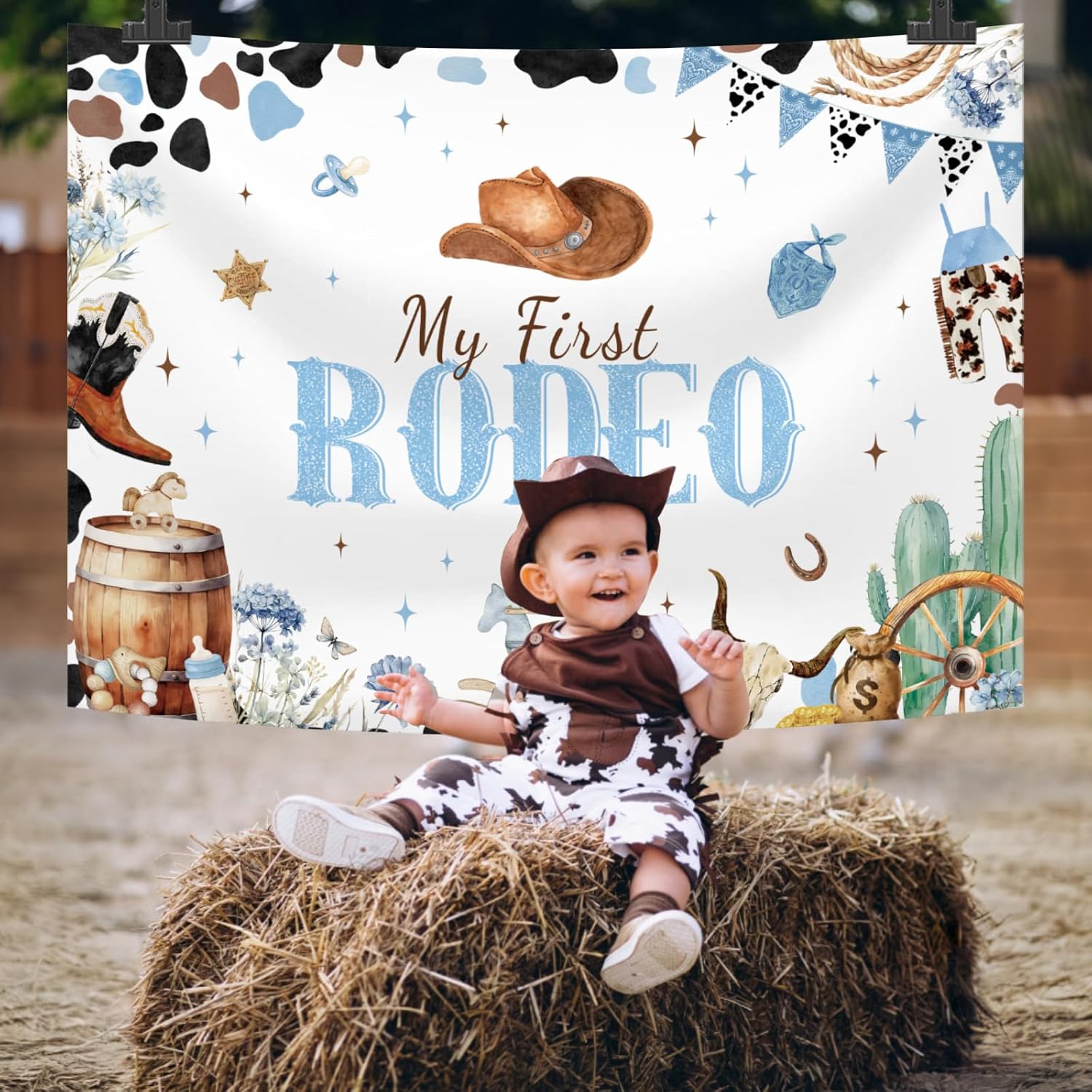 10x7ft Blue My First Rodeo Birthday Backdrop for Boy Western Cowboy 1st Birthday Decorations Retro Rodeo Party Banner Wild West Baby Shower Party Supplies