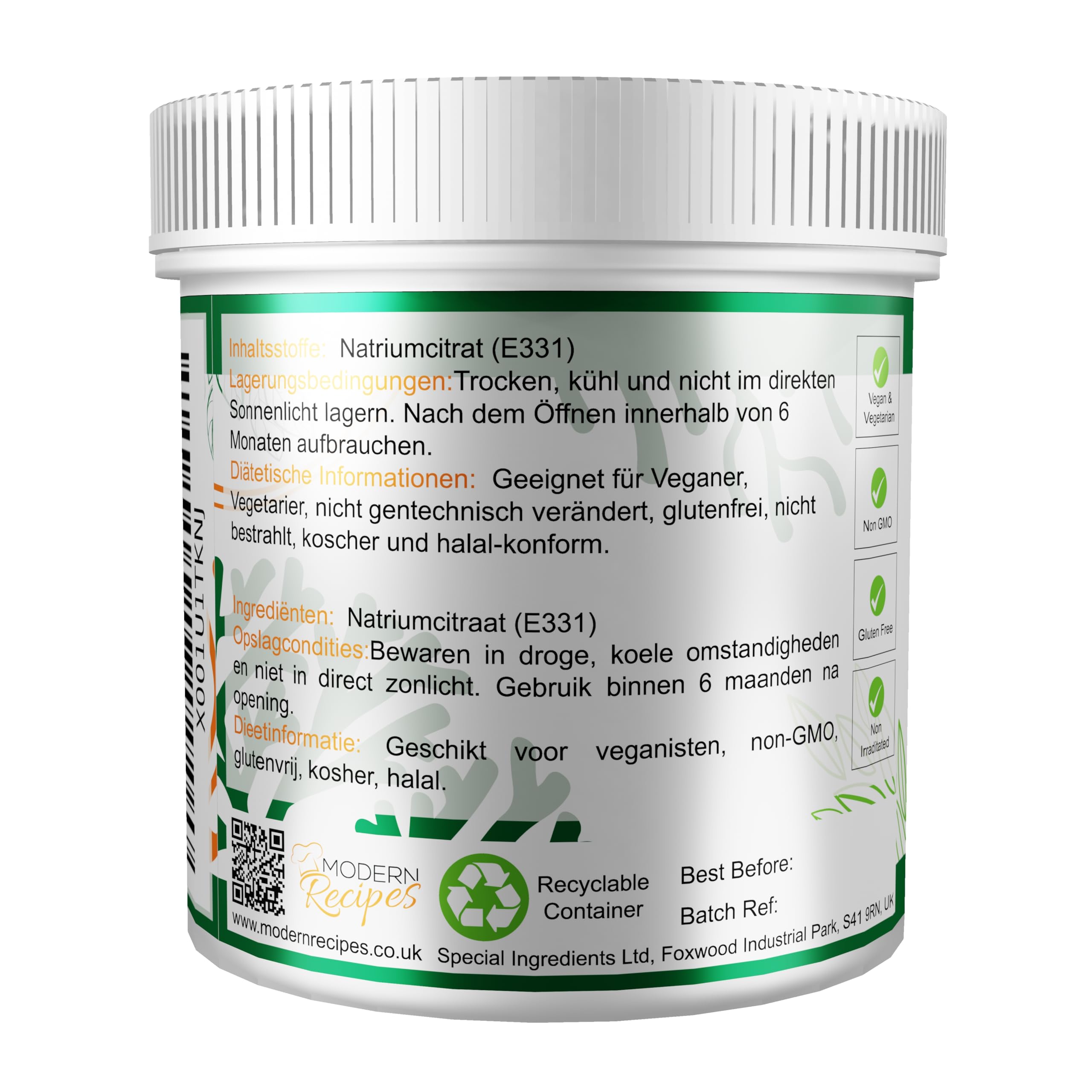 Special Ingredients Citrato di sodio 500 g Massima qualità - Vegano, senza OGM, senza glutine - Imballaggio riciclabile