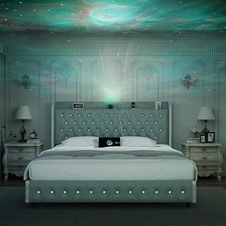 Queen LED Bed Frame with Galaxy Star Projector and Built-in Speaker, Upholstered Smart Bed Frame with USB Charging Ports, Modern Bed for Bedroom Decor,Easy Assembly, No Box Spring Needed, Velvet Grey