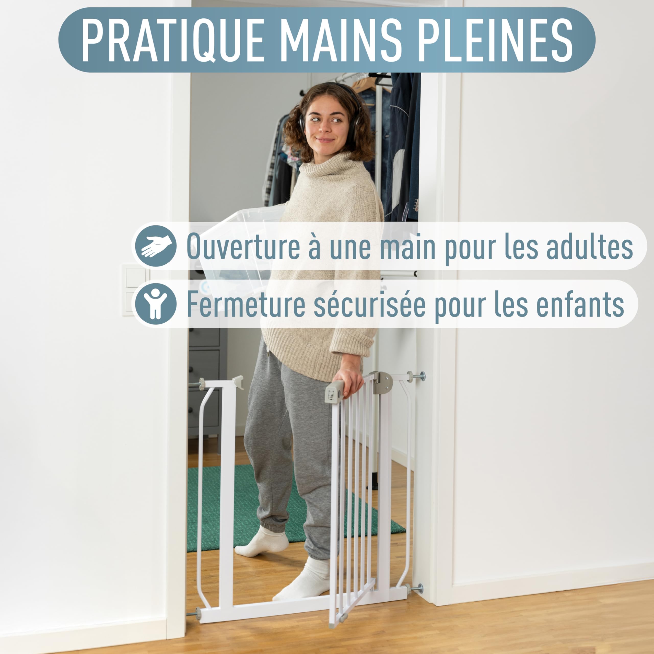 IB STYLE Barrière de Sécurité Berrin - Barrière d'escalier, sans Perçage, Barrière de Protection Enfant, pour Enfants 6 a 24 Mois, Blanc Gris, 68-76 cm