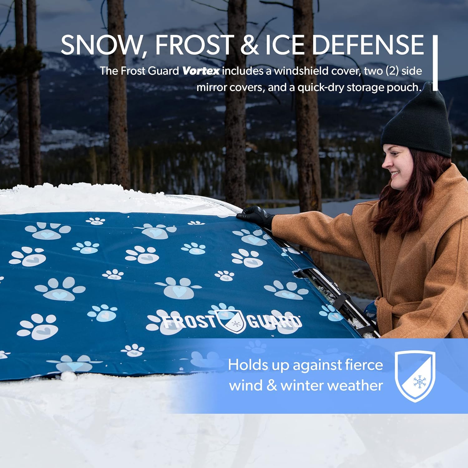 FrostGuard Vortex | Full-Coverage Car Windshield Cover for Ice and Snow, Standard Size (Puppy Paws) - Wiper Blade + Side Mirror Covers - Fit-Fast Straps, Security Panels + Storage Pouch - 59x41 Inches