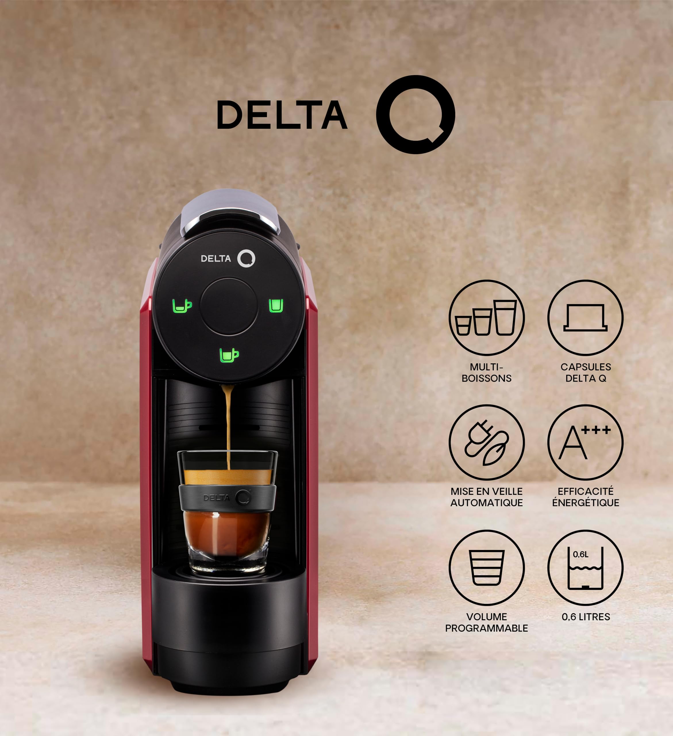 Delta Q Machine à Capsules MiniQool Rouge, Inclus 180 Capsules | 19 Bars de Pression, Réservoir 0,6 L, Inclus 160 Caps Qalidus et 20 Caps Décaféinées, Design ultra-compact