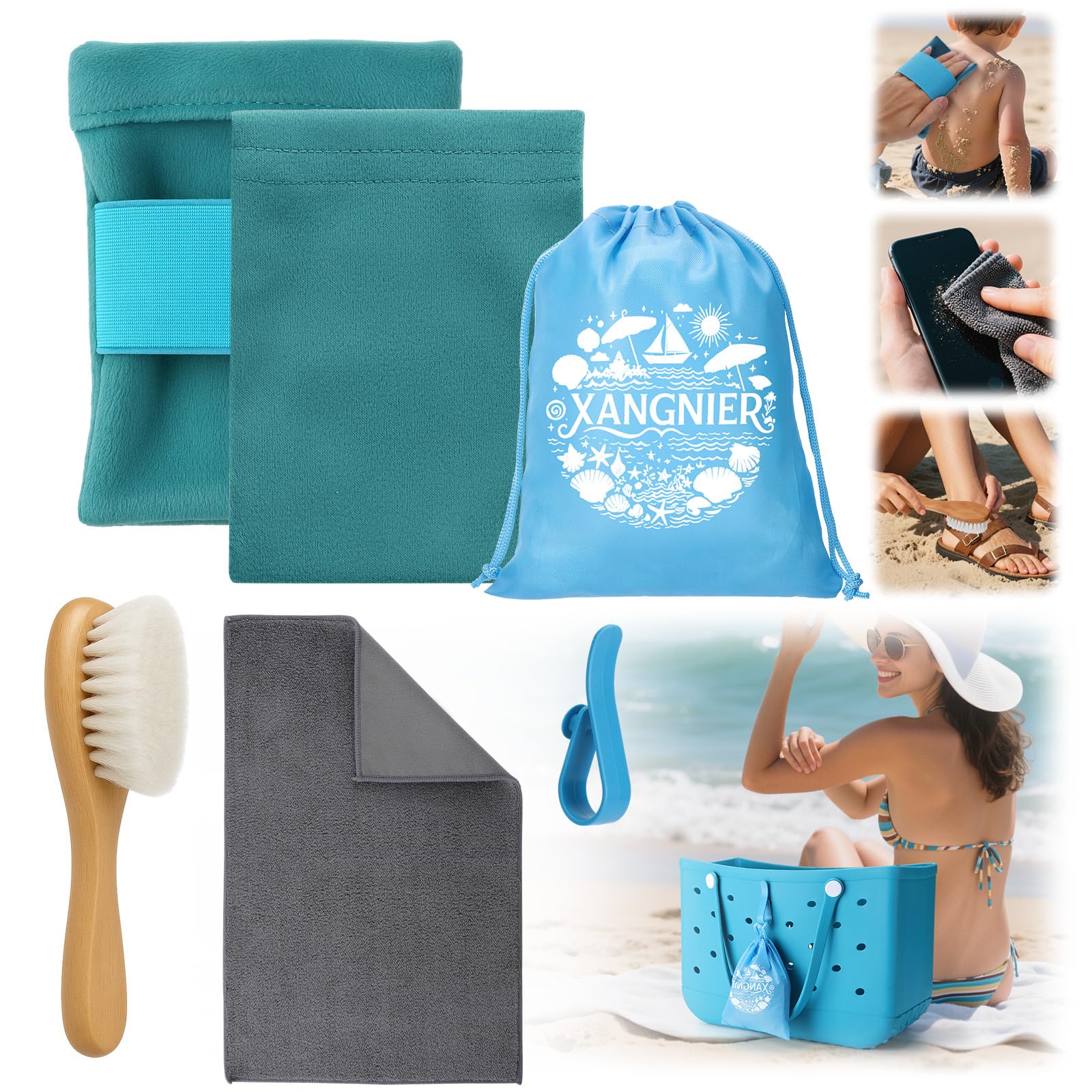 XANGNIER Sand Remover Brush Kits for Beach,Beach Vacation Essentials for Kids Women,Beach Accessories Must Haves for Summer Trip Camping Necessities&Supplies-with Hooks to Hang on The Bogg Bag,6pcs