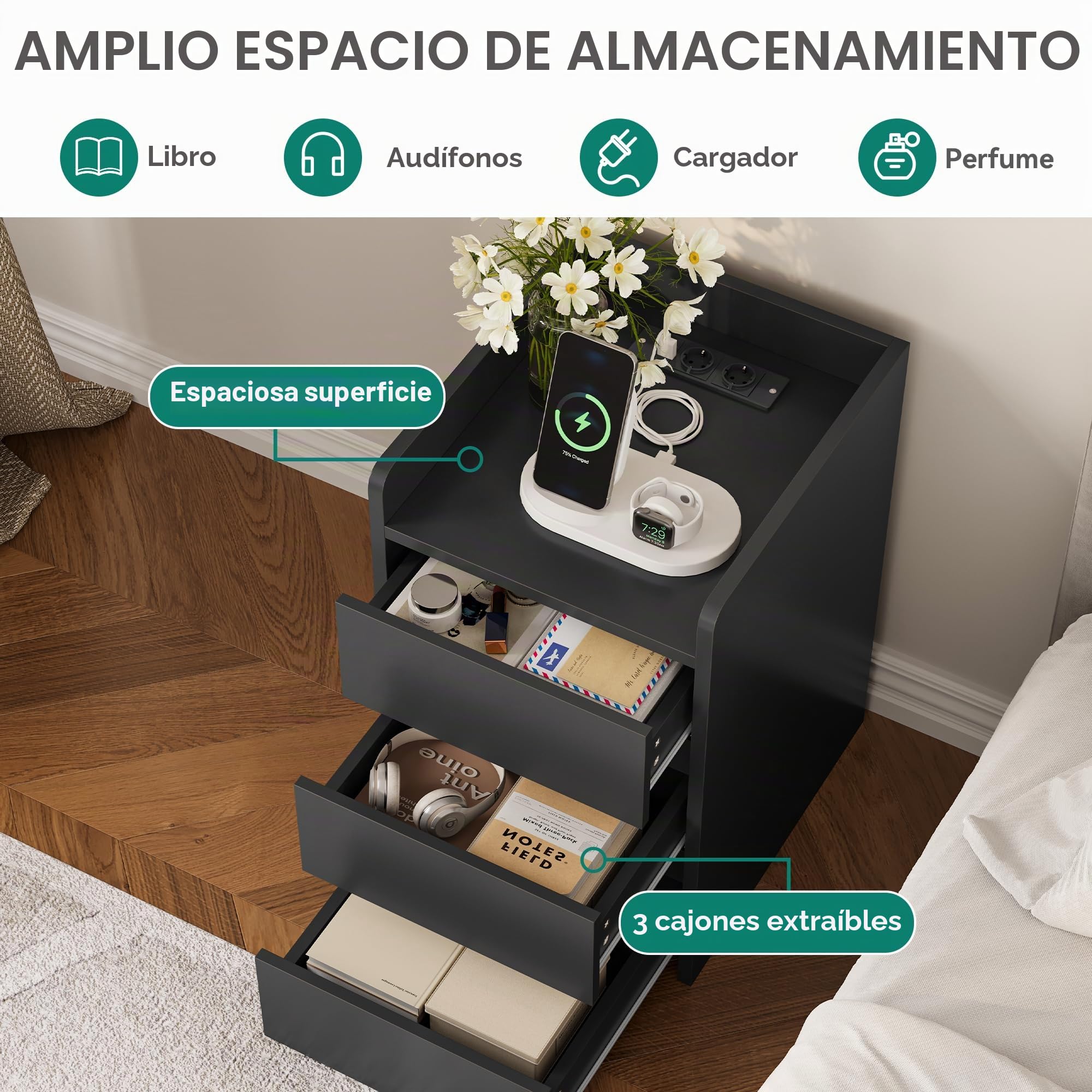 YITAHOME Mesita de Noche de 3 Cajones, Mesita de Noche con Estación de Carga, 2 Puertos y Tomas USB, Mesa Auxiliar Impermeable para Salón y Dormitorio, 35 x 40 x 60 cm (Negro)
