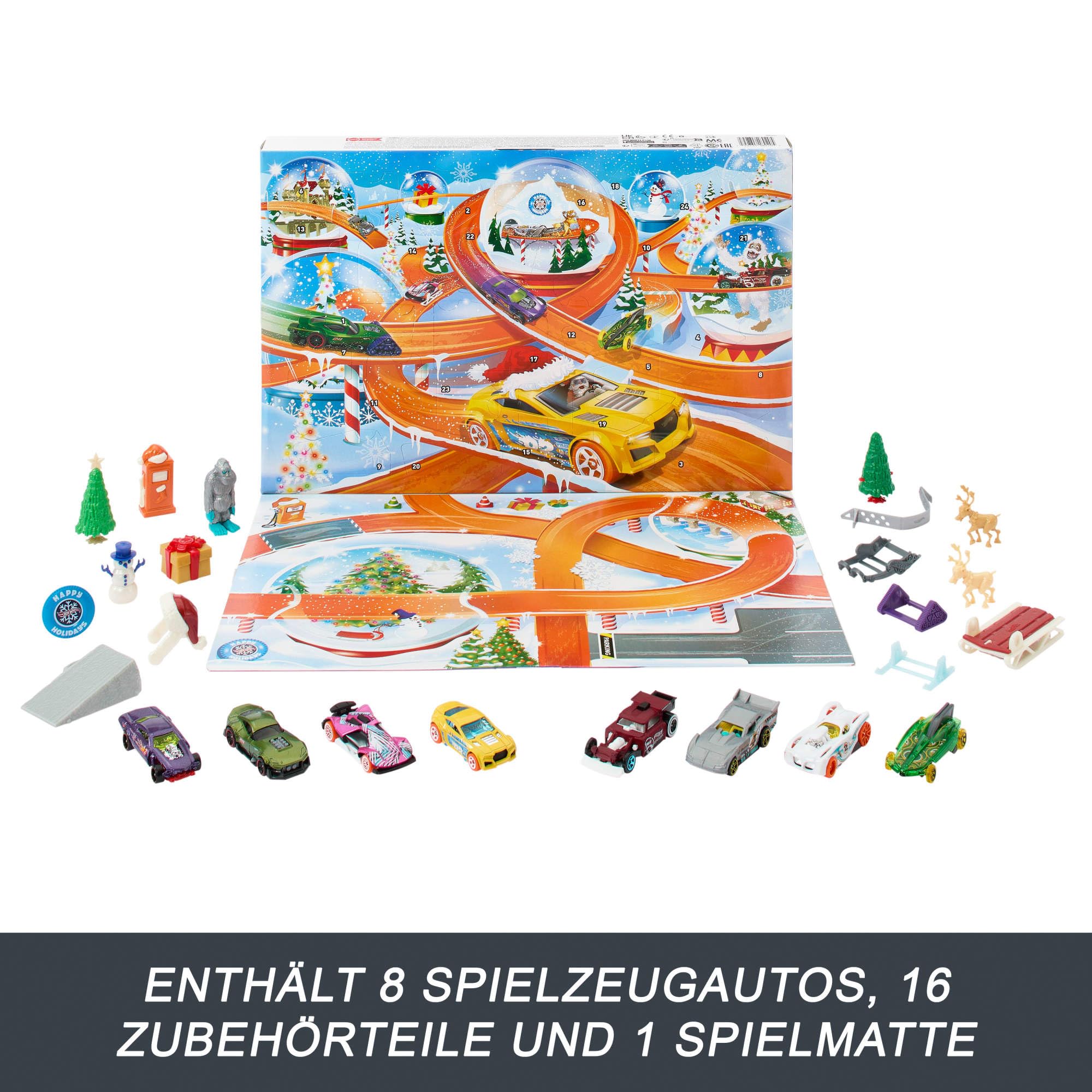 Hot Wheels Spielzeugautos, Adventskalender 2024, 8 Hot Wheels Autos im Maßstab 1:64, hinter 24 nummerierten Türchen verstecken sich 16 winterliche Zubehörteile und eine Spielmatte, HTG00