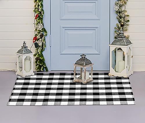 HOMEMONDE Alfombra a cuadros blancos y negros de 3 x 5 pies, alfombra de algodón a cuadros  Tapete reversible lavable a mano  Porche delantero de