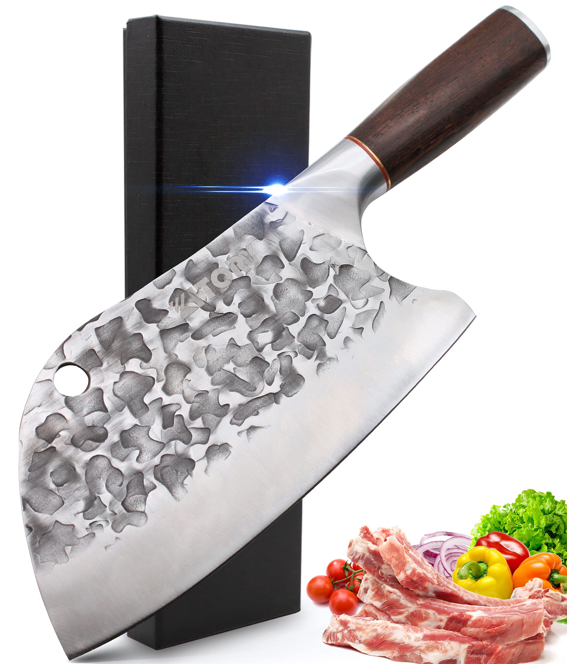 Meat Cleaver, Forged Serbian Chef Knife, KITORY Kitchen Vegetable Chopper Knife 8 inch, High Carbon Steel, Wenge Wood Handle Professional, Chef Gift