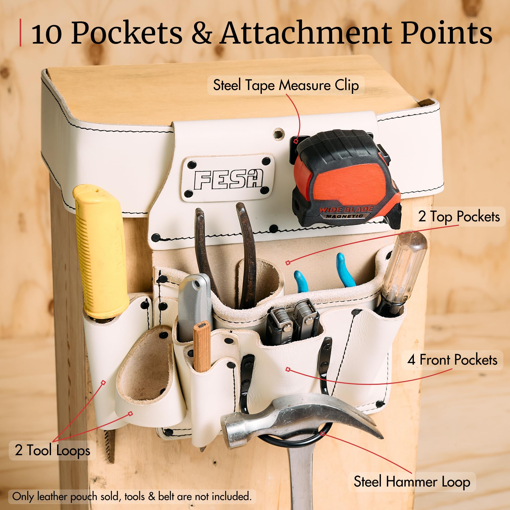 FESA Leather Drywall Tool Pouch – 10-in-1, Top Grain Leather, Steel Hammer Loop, Fits 3” Belts