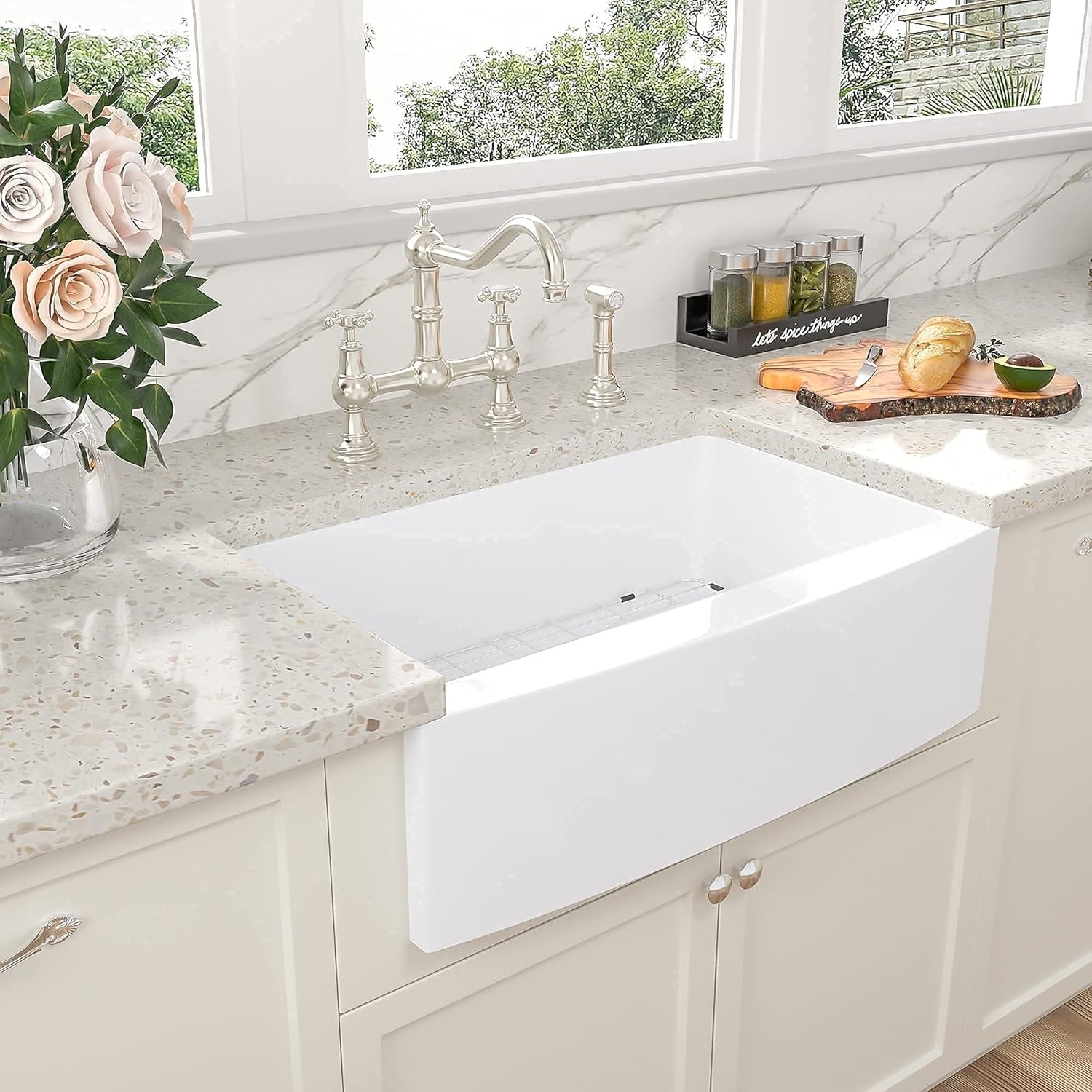 Bеѕt Prоmо 30 Farmhouse Sink White - Sarlai 30 Inch Kitchen Sink Curved Apron Front White Fireclay Ceramic Porcelain Single Bowl Farm Kitchen Sink