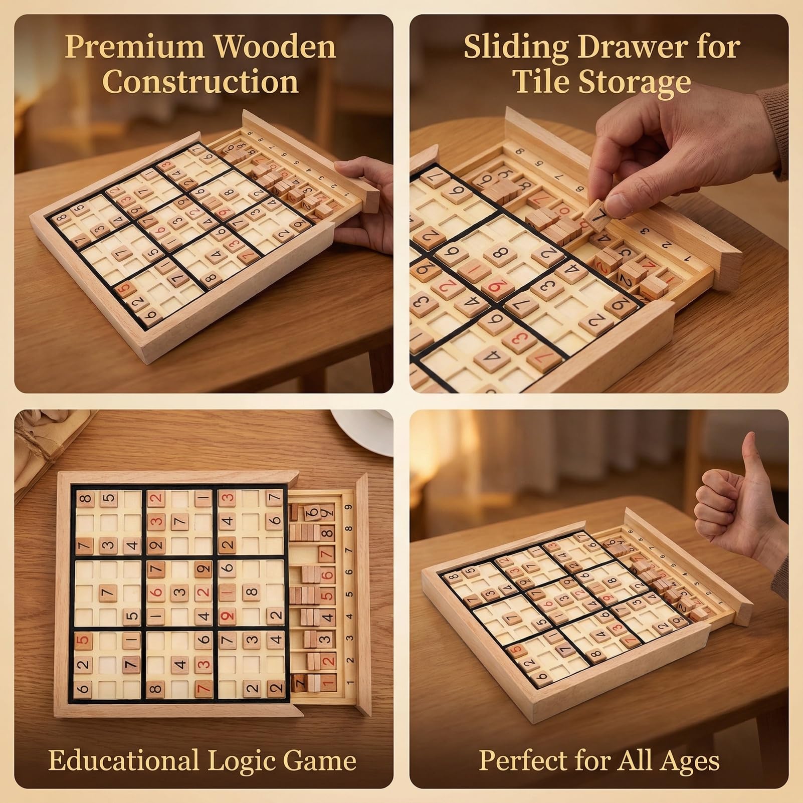 Wooden Sudoku Puzzle Board Game with Drawer, Includes Extra Number Tiles and Puzzles Booklet - Image 4