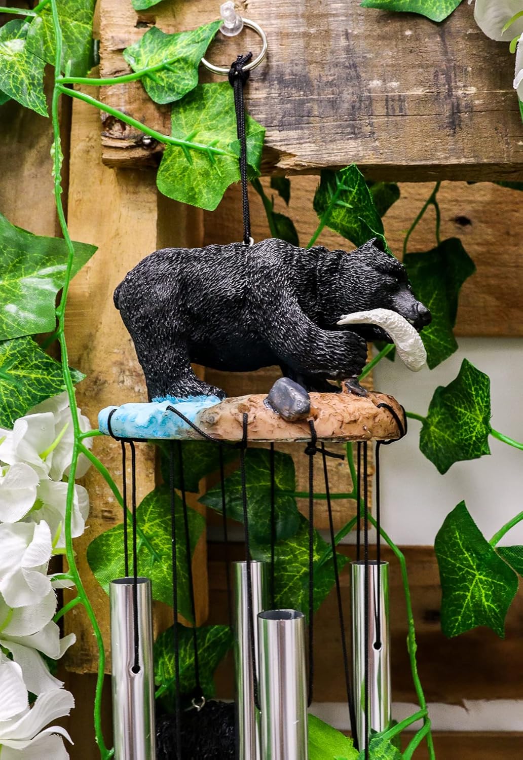 Ebros Gift American Black Bear River Fishing Figurine Top Resonant Relaxing Wind Chime Noisemaker Garden Patio Rustic Cabin Lodge Mountain Home Accent
